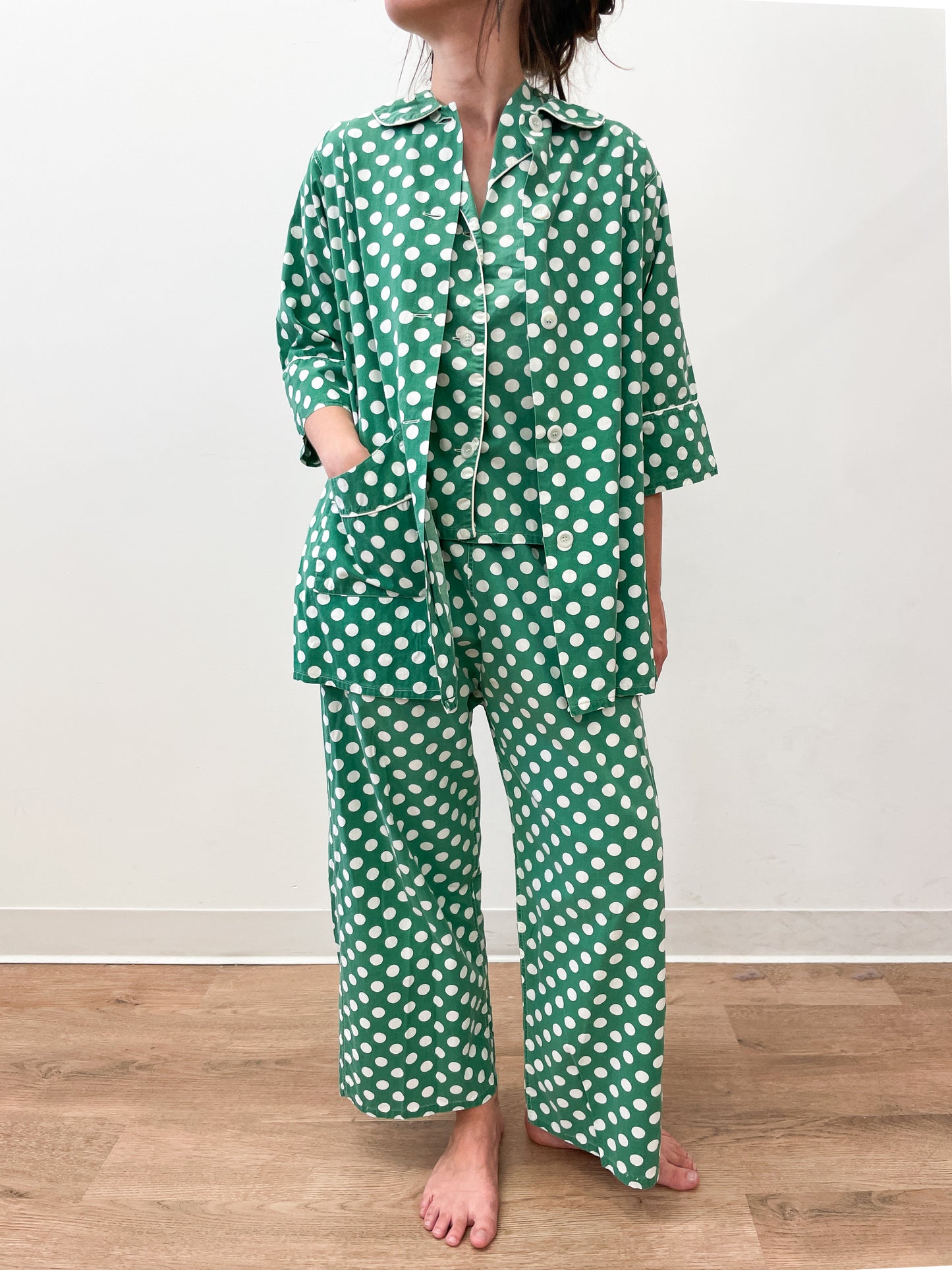 1950s Vintage Green Polka Dot Cotton 3 Piece Pajama Sleep Set