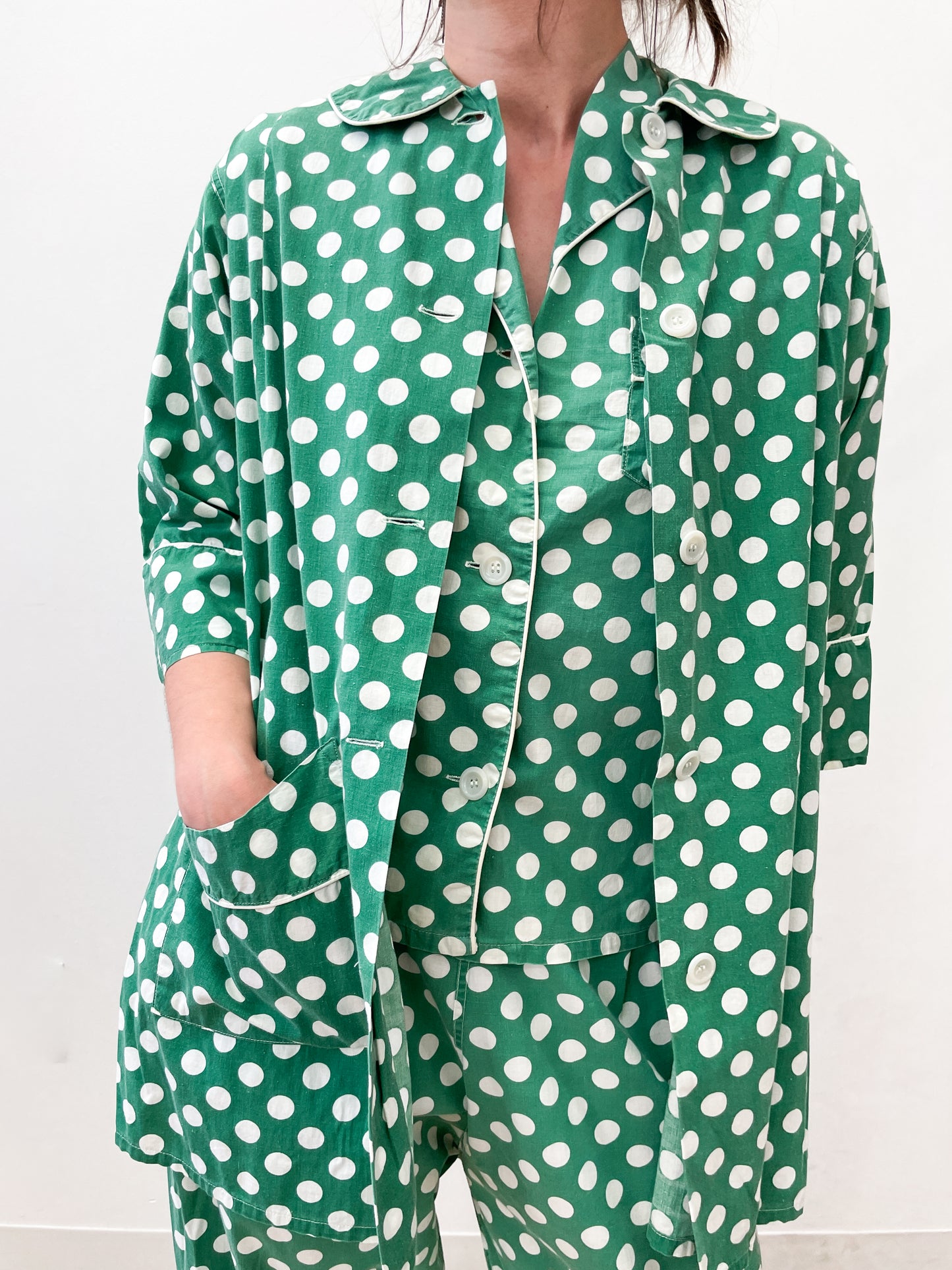 1950s Vintage Green Polka Dot Cotton 3 Piece Pajama Sleep Set