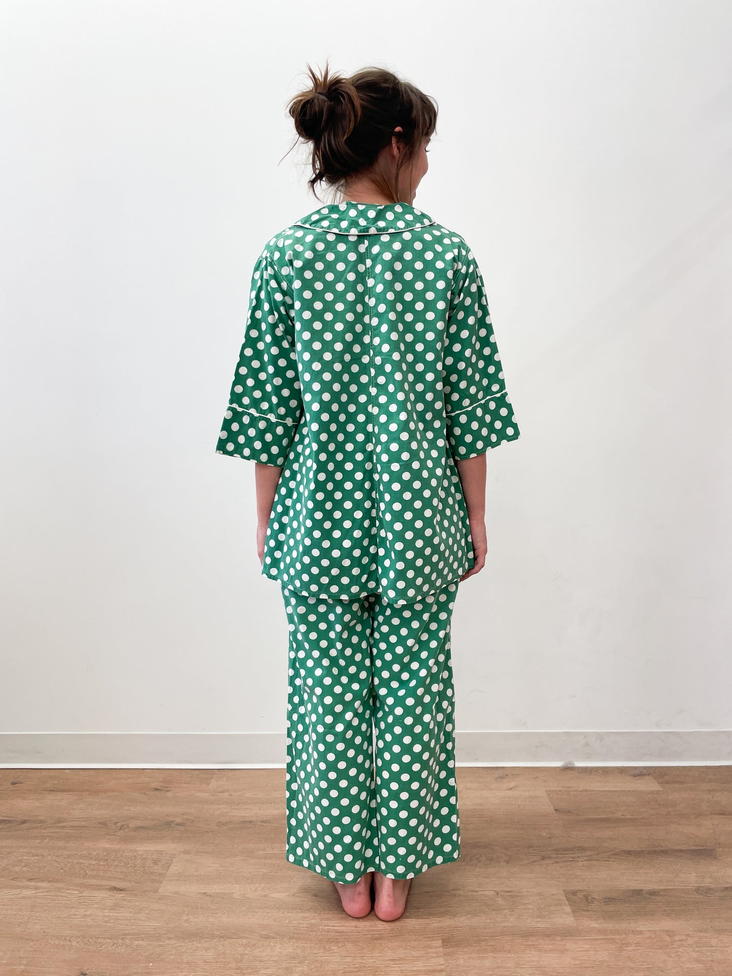 1950s Vintage Green Polka Dot Cotton 3 Piece Pajama Sleep Set