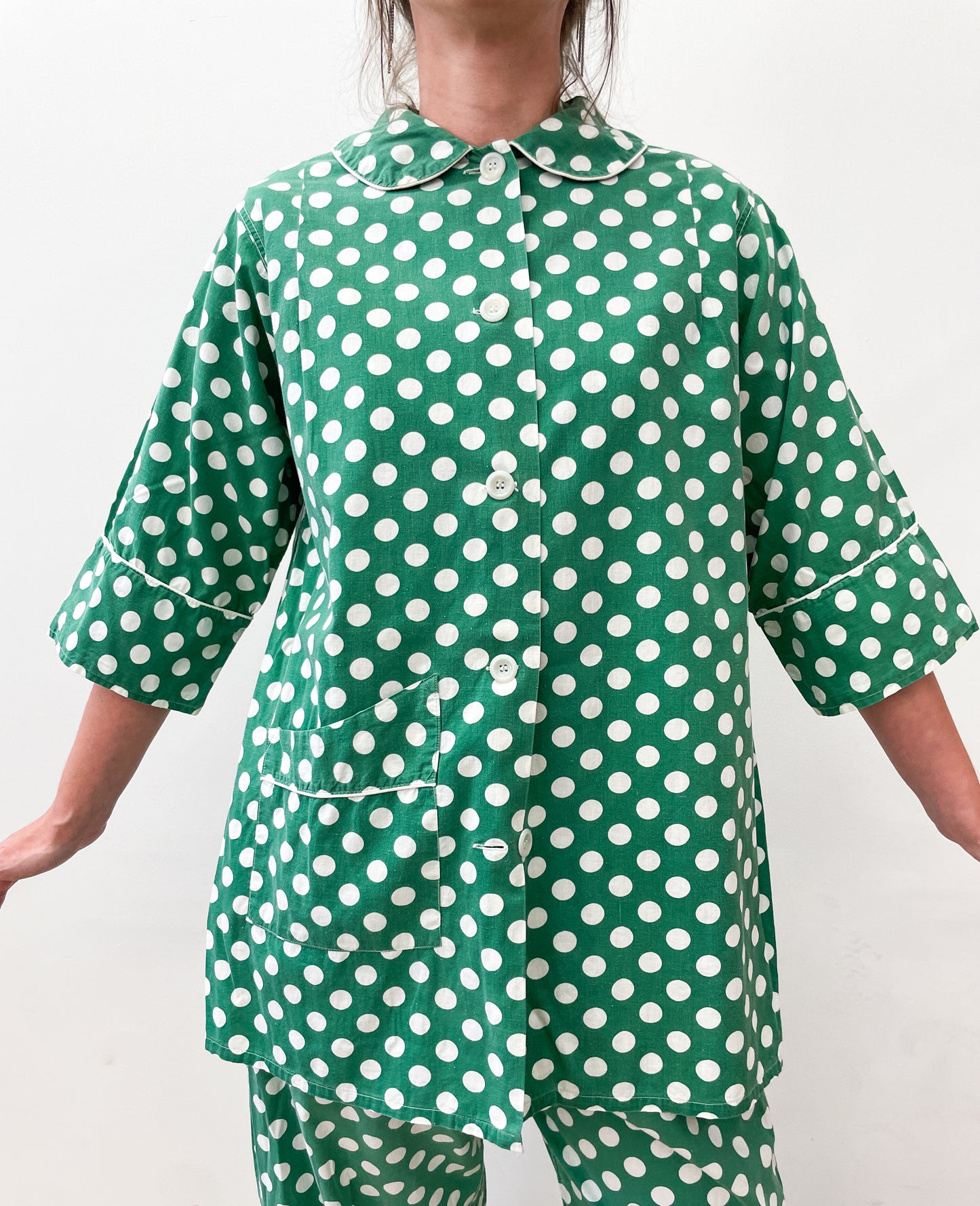 1950s Vintage Green Polka Dot Cotton 3 Piece Pajama Sleep Set