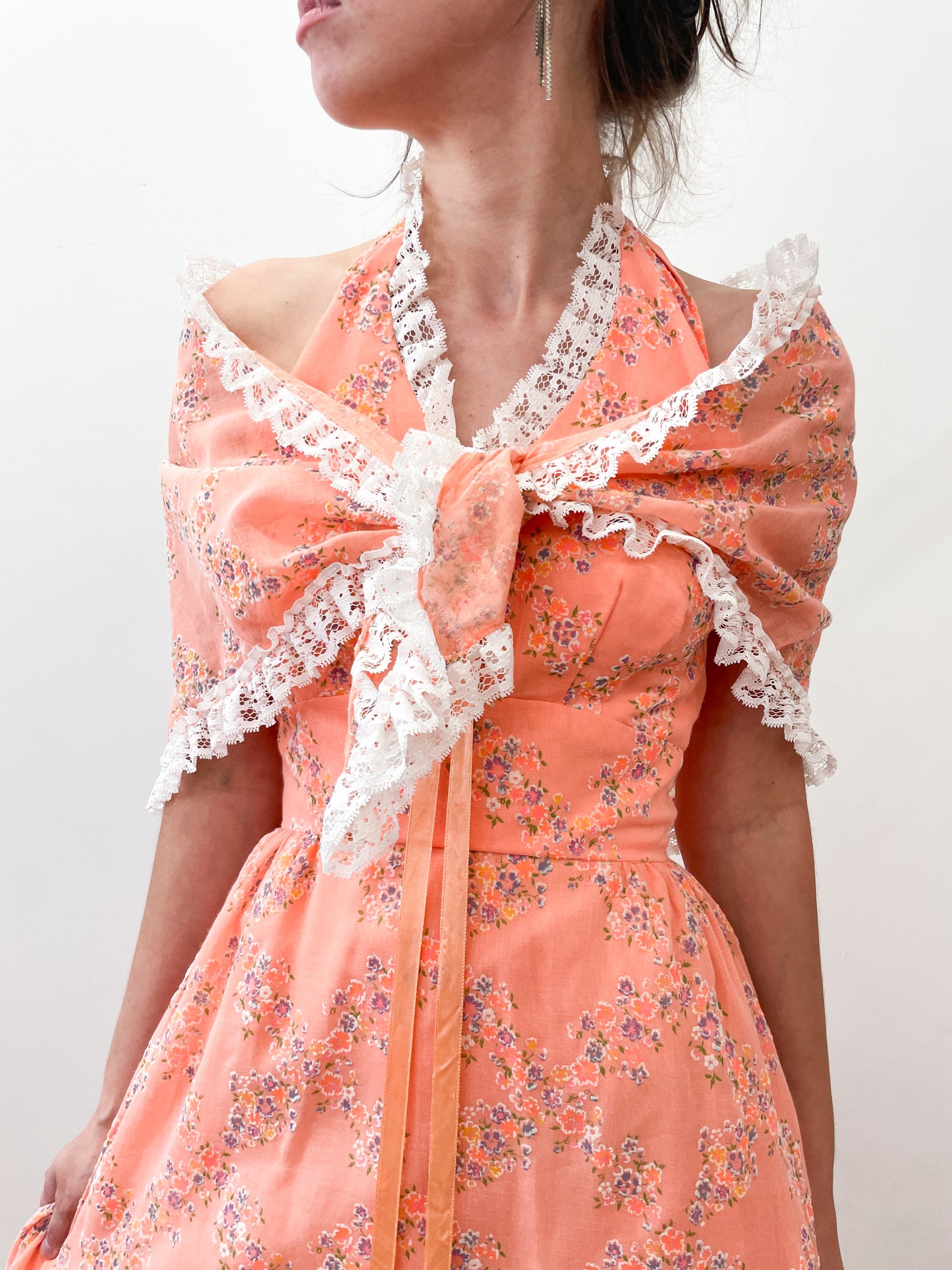 1970s Vintage Orange Floral Maxi Dress with Shawl