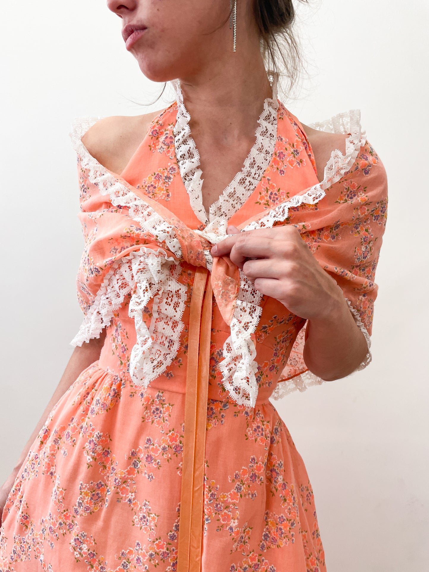 1970s Vintage Orange Floral Maxi Dress with Shawl