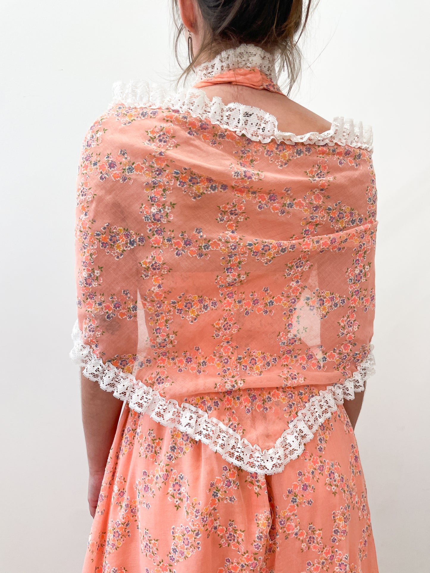 1970s Vintage Orange Floral Maxi Dress with Shawl
