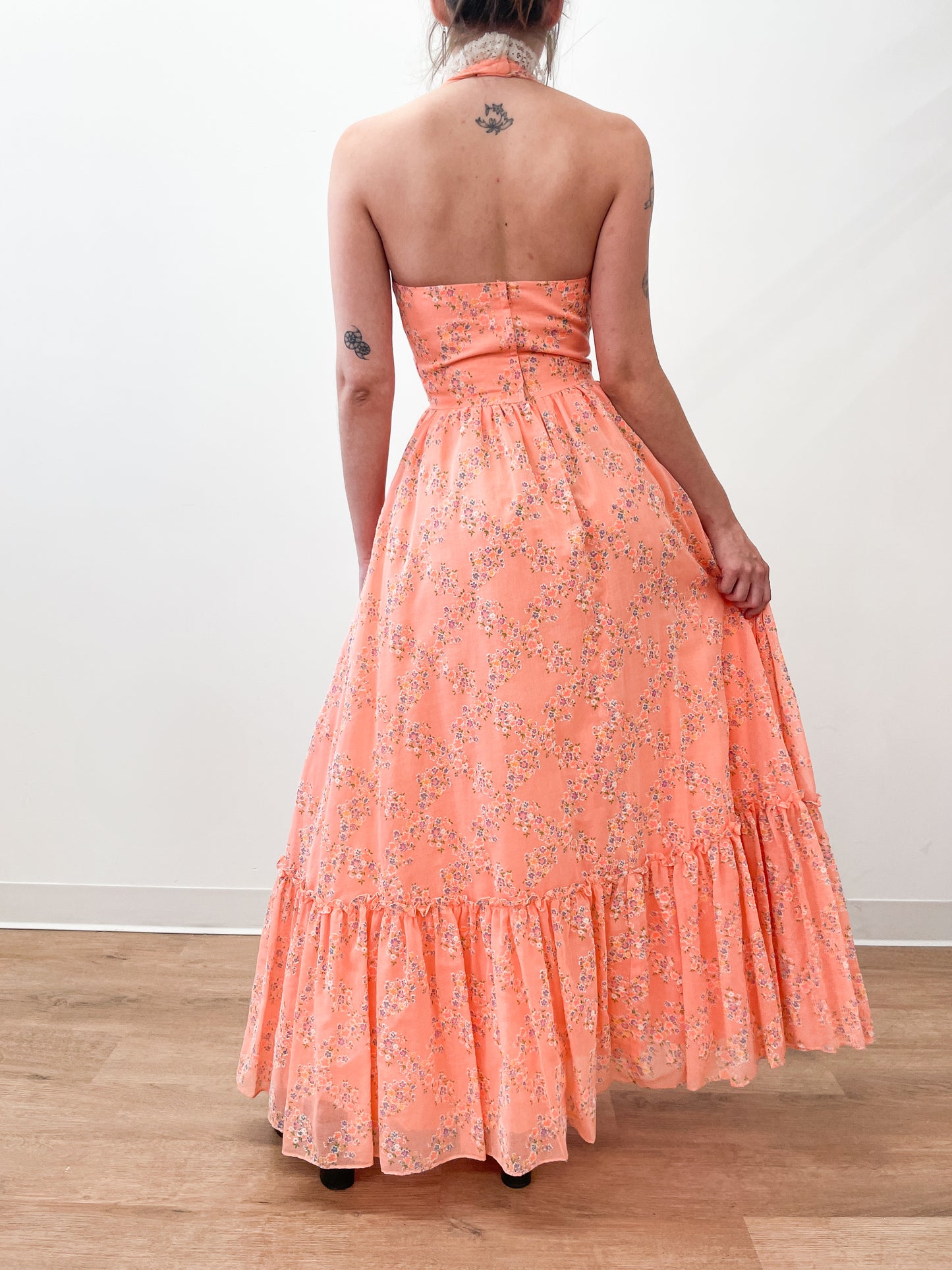 1970s Vintage Orange Floral Maxi Dress with Shawl