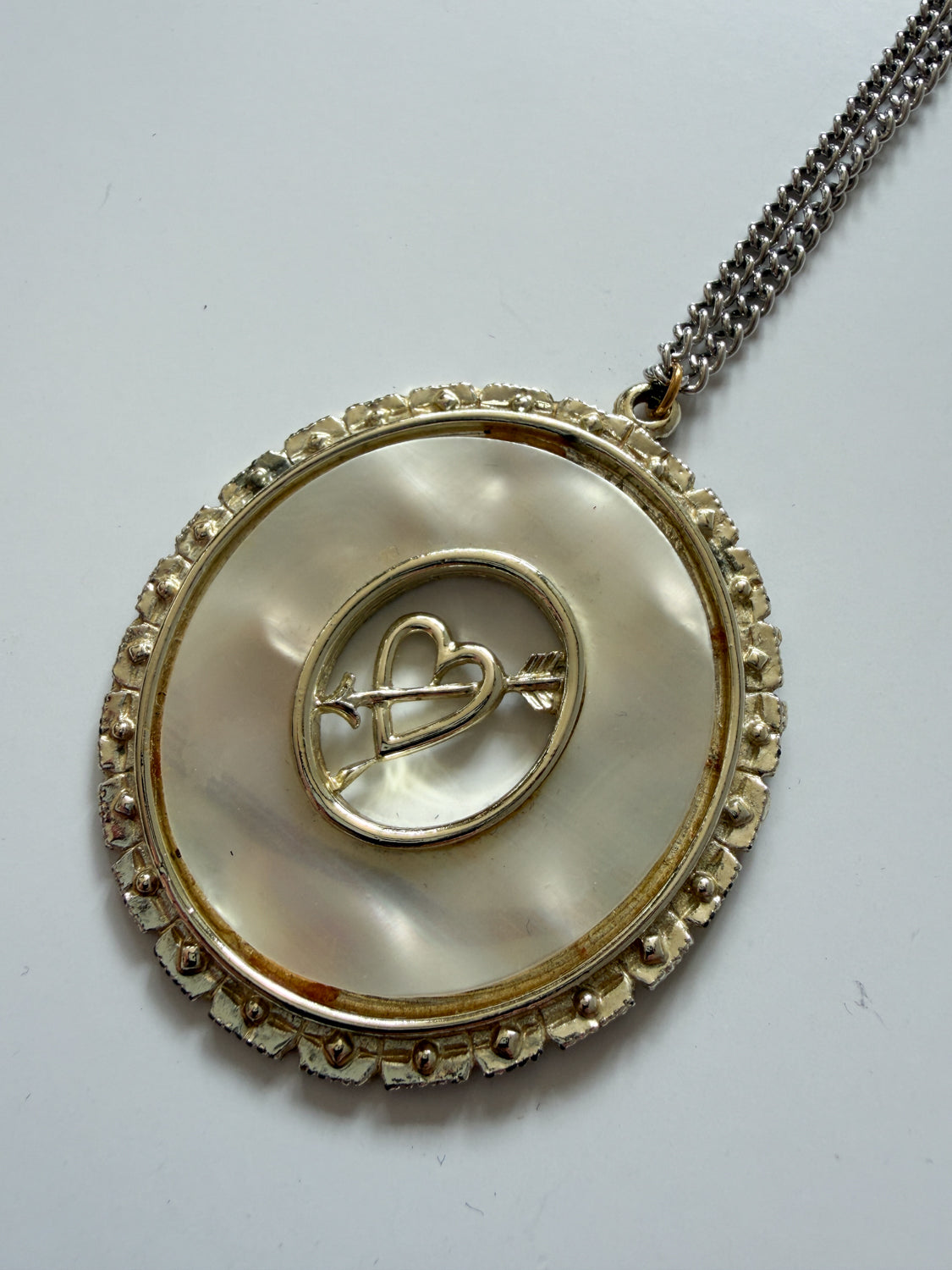 1970s Vintage Cross My Heart Mother of Pearl Necklace