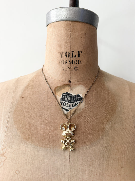 1970s Vintage Gold Rhinestone Little Baby Frog Necklace
