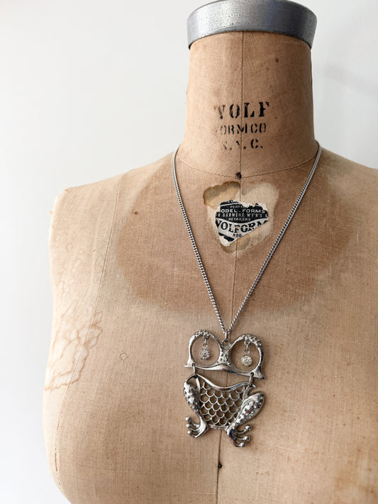 1970s Vintage Silvertoned Rhinestone Big Mama Frog Necklace