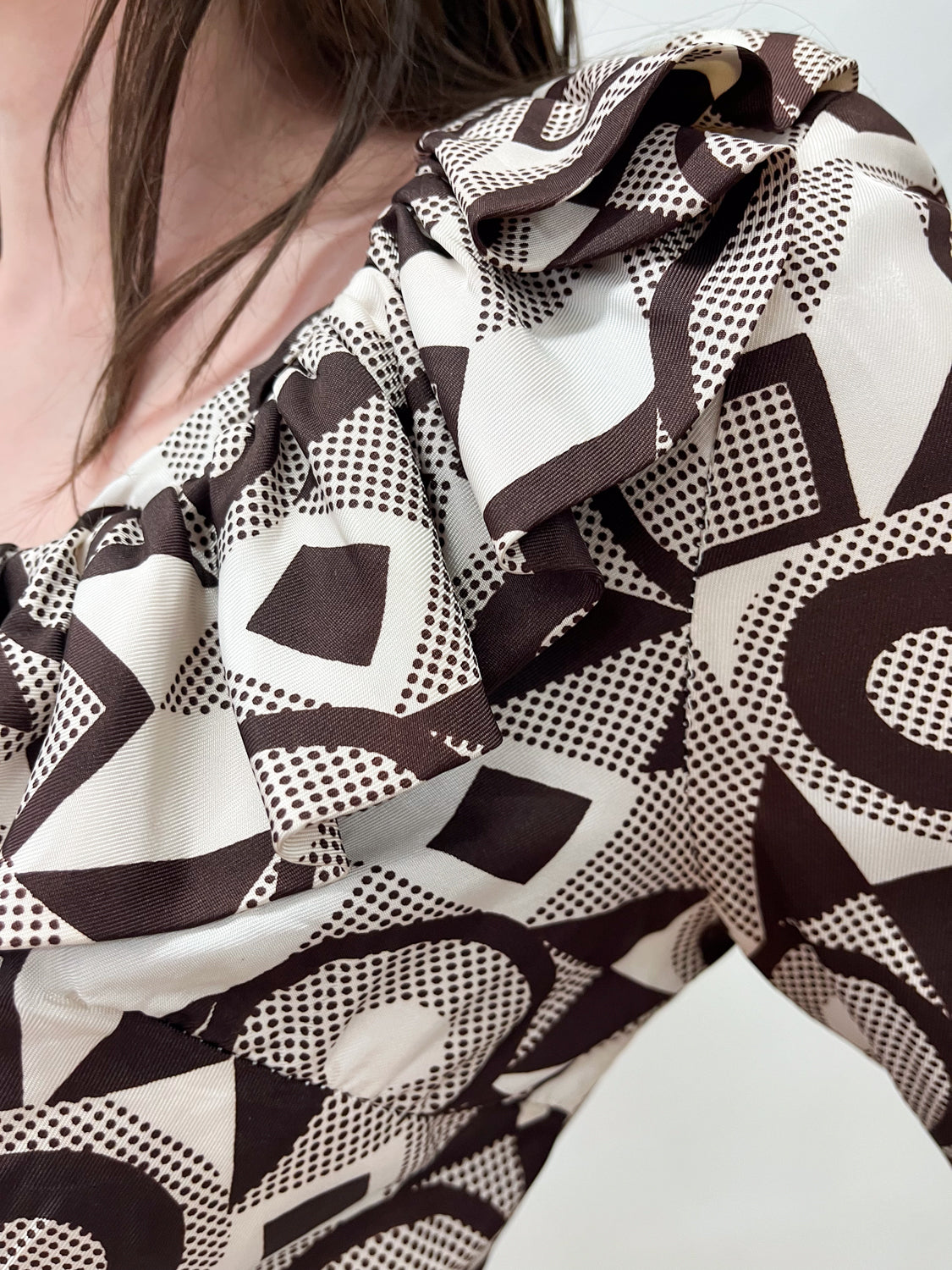 1970s Vintage Abstract Brown And White Patterned Ruffle Jumpsuit
