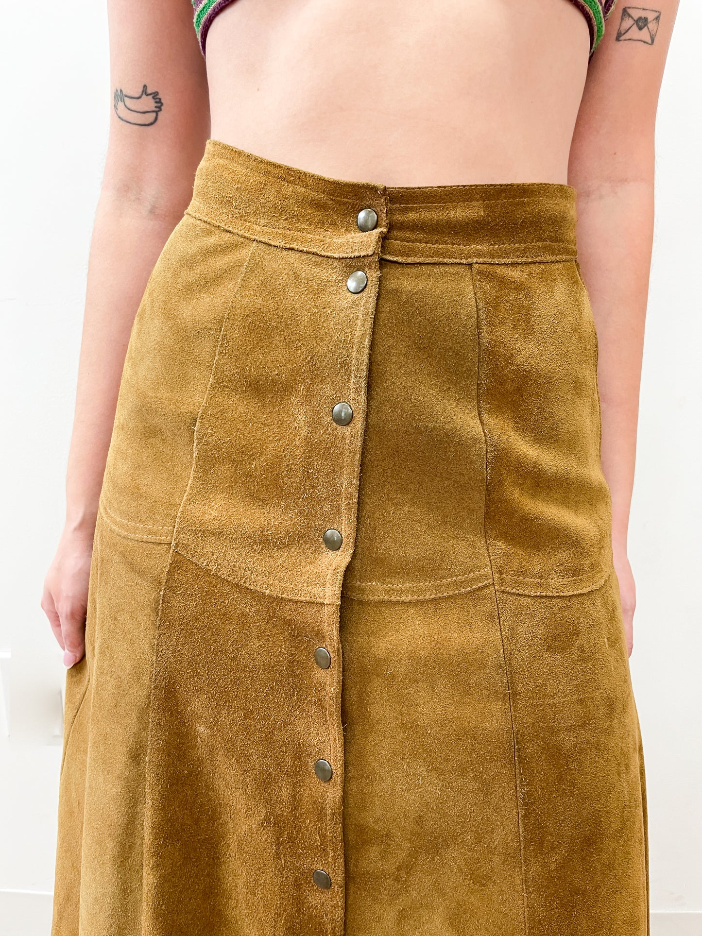 1970's Vintage Butterscotch Suede Leather Snap Front Skirt