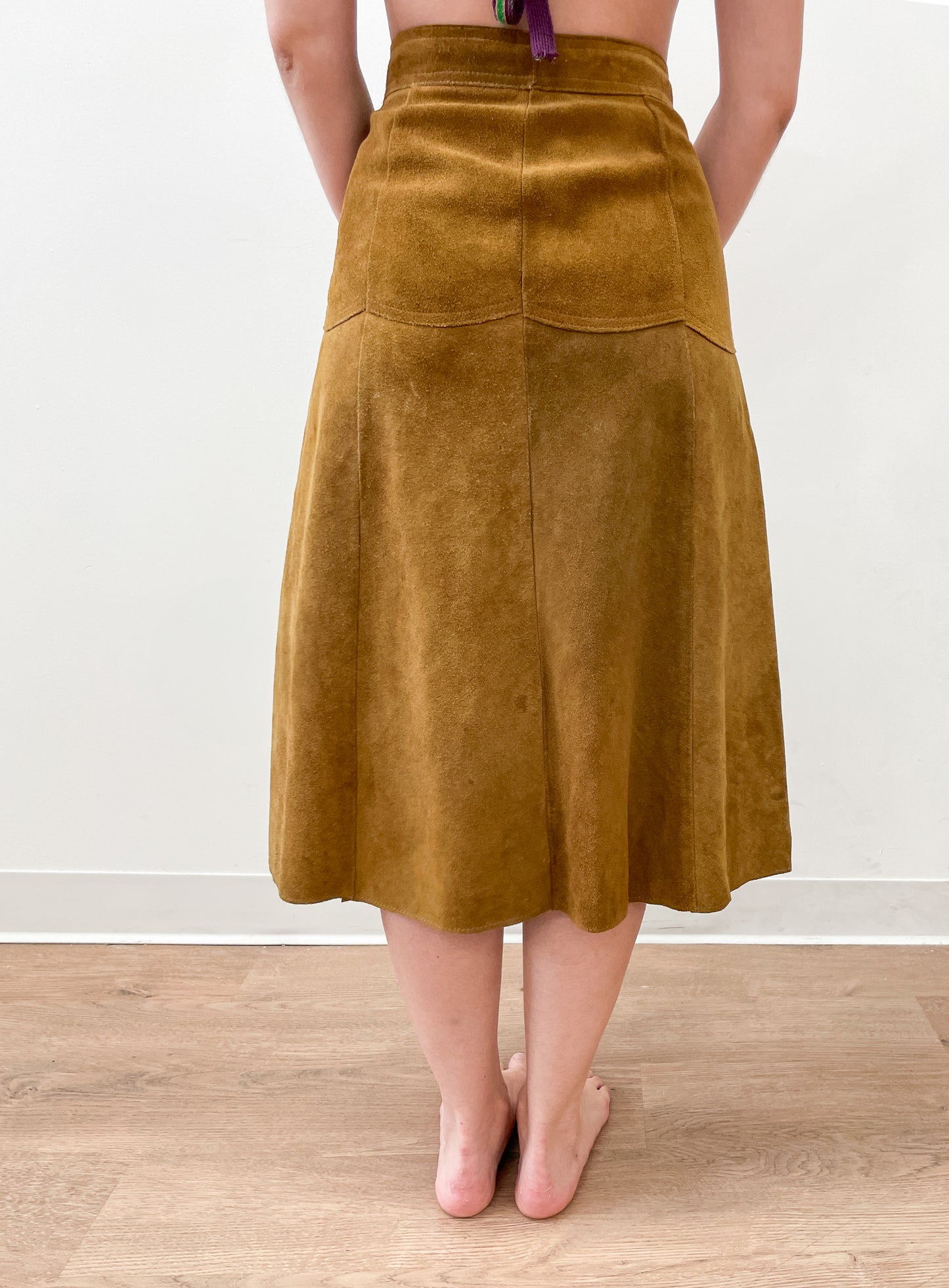 1970's Vintage Butterscotch Suede Leather Snap Front Skirt