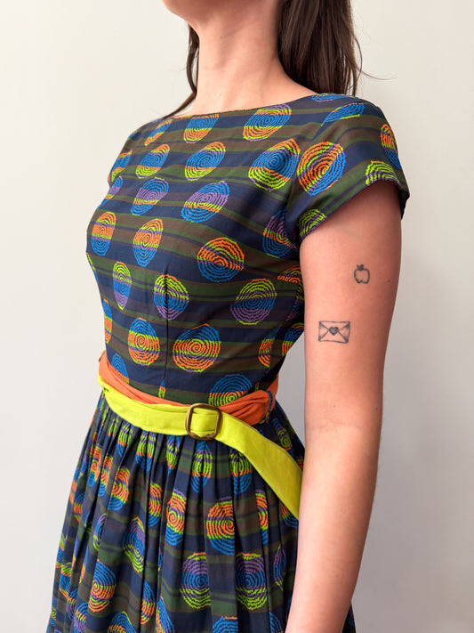1950s Vintage Atomic Neon Swirls Fit and Flare with Two Tone Belt