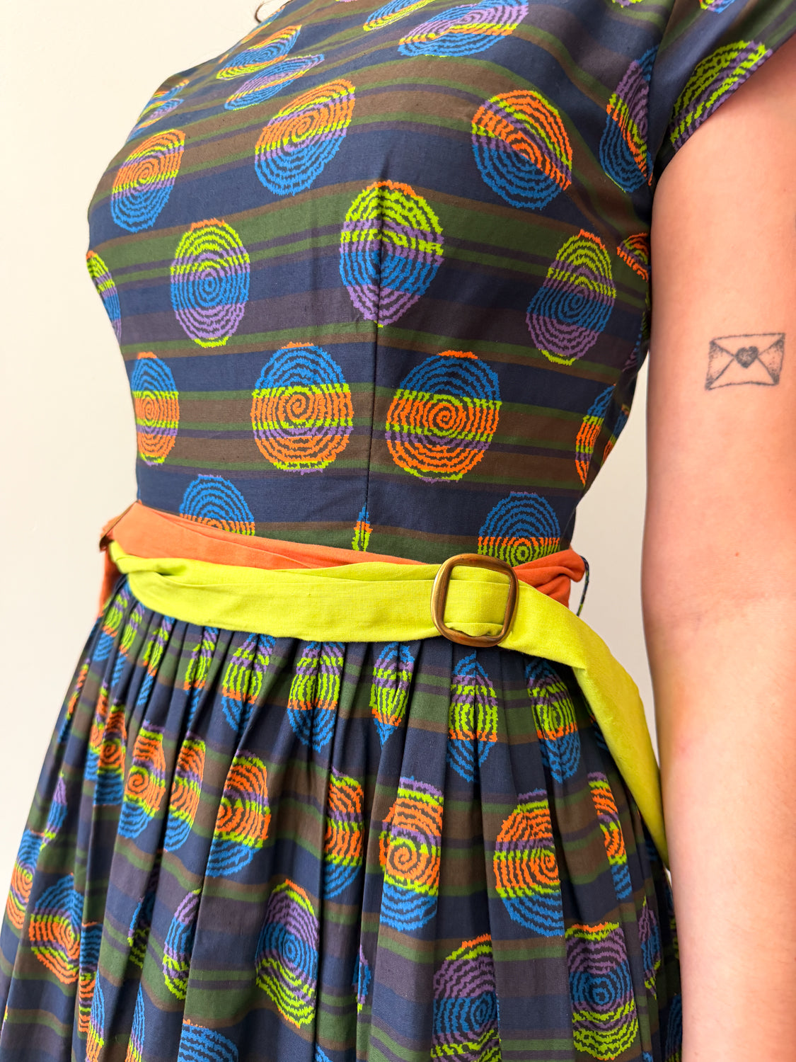 1950s Vintage Atomic Neon Swirls Fit and Flare with Two Tone Belt