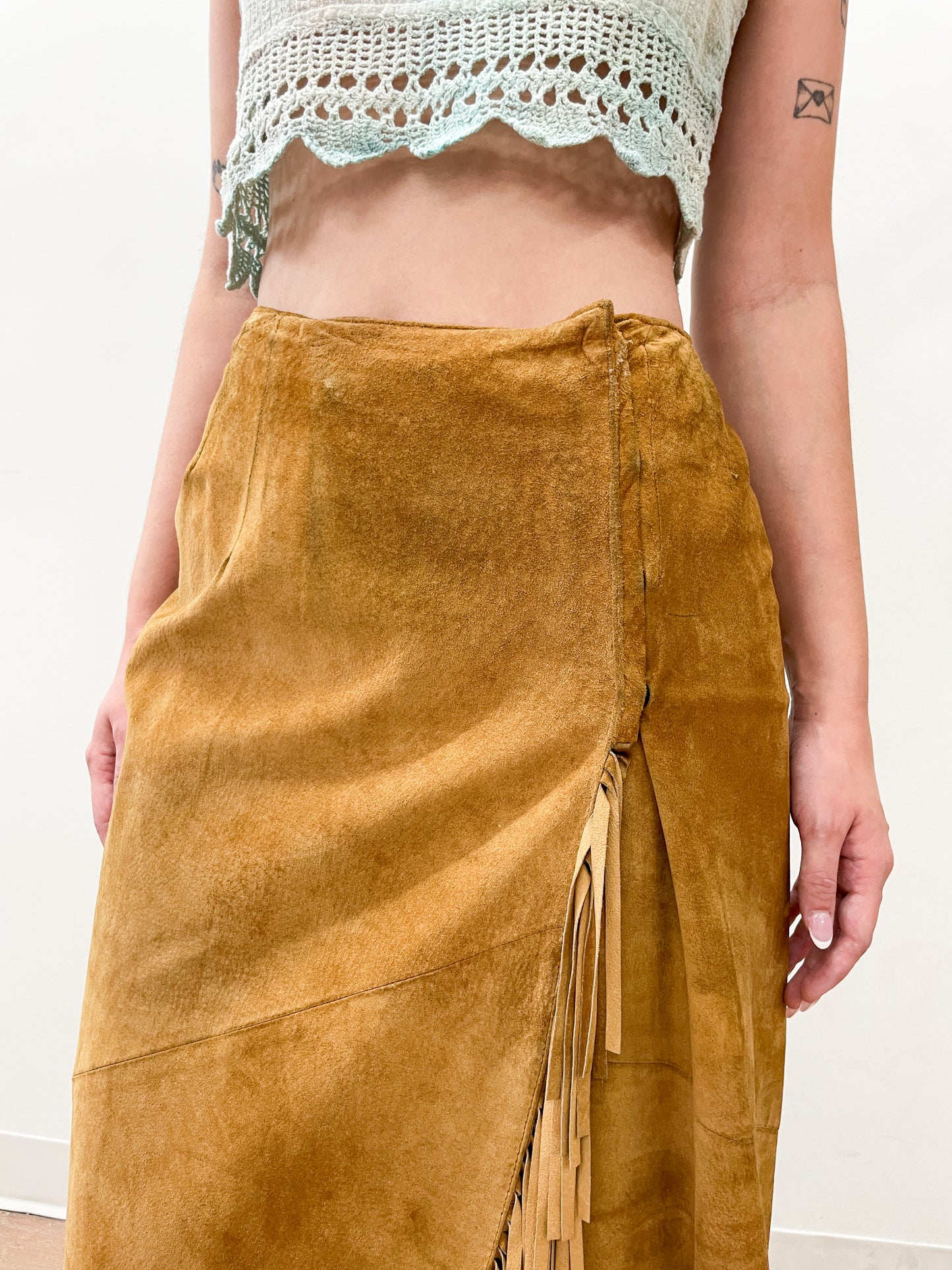 1980's Vintage Suede Fringe Wrap Skirt