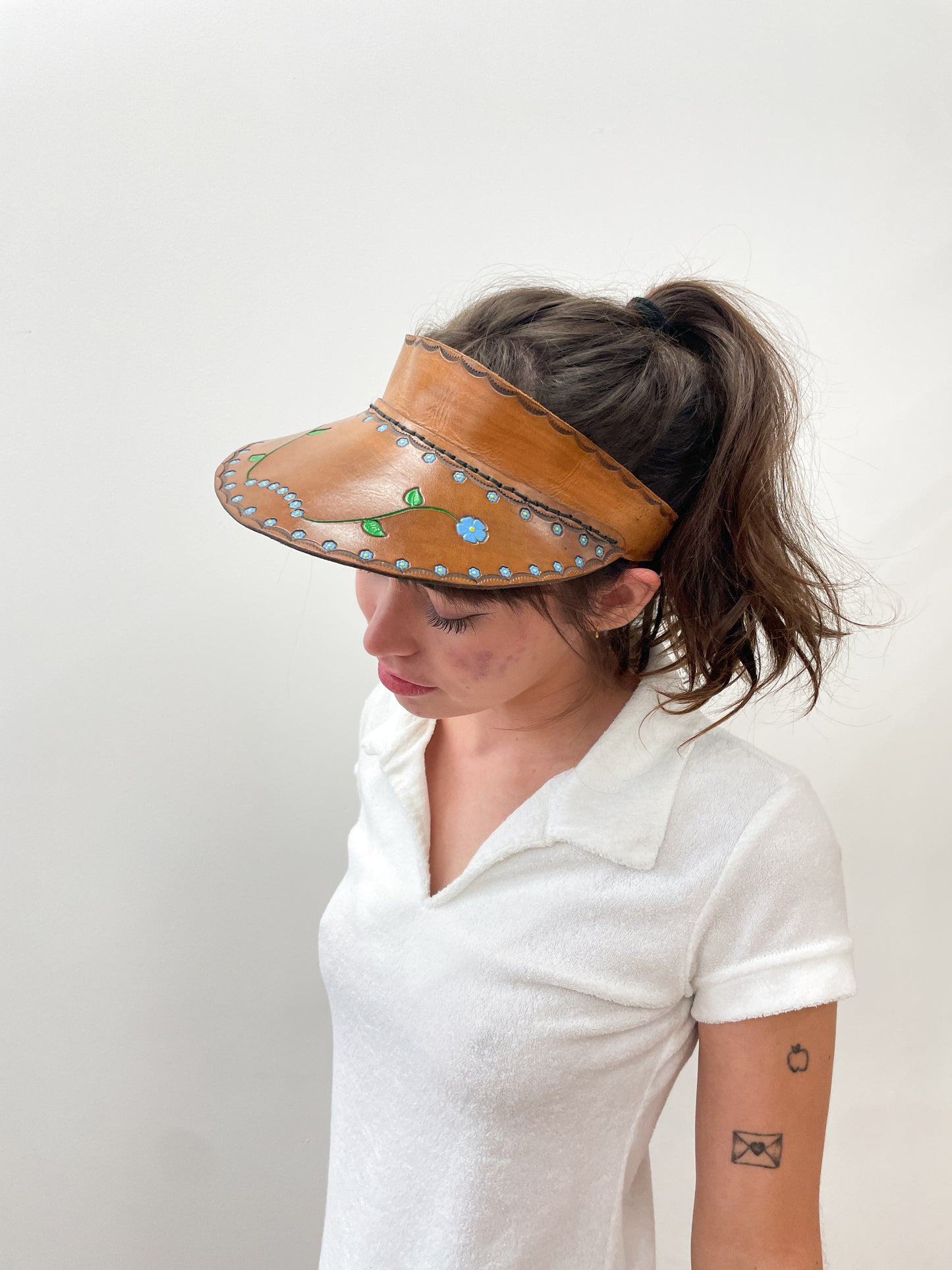 1970s Vintage Tooled Leather Floral Visor