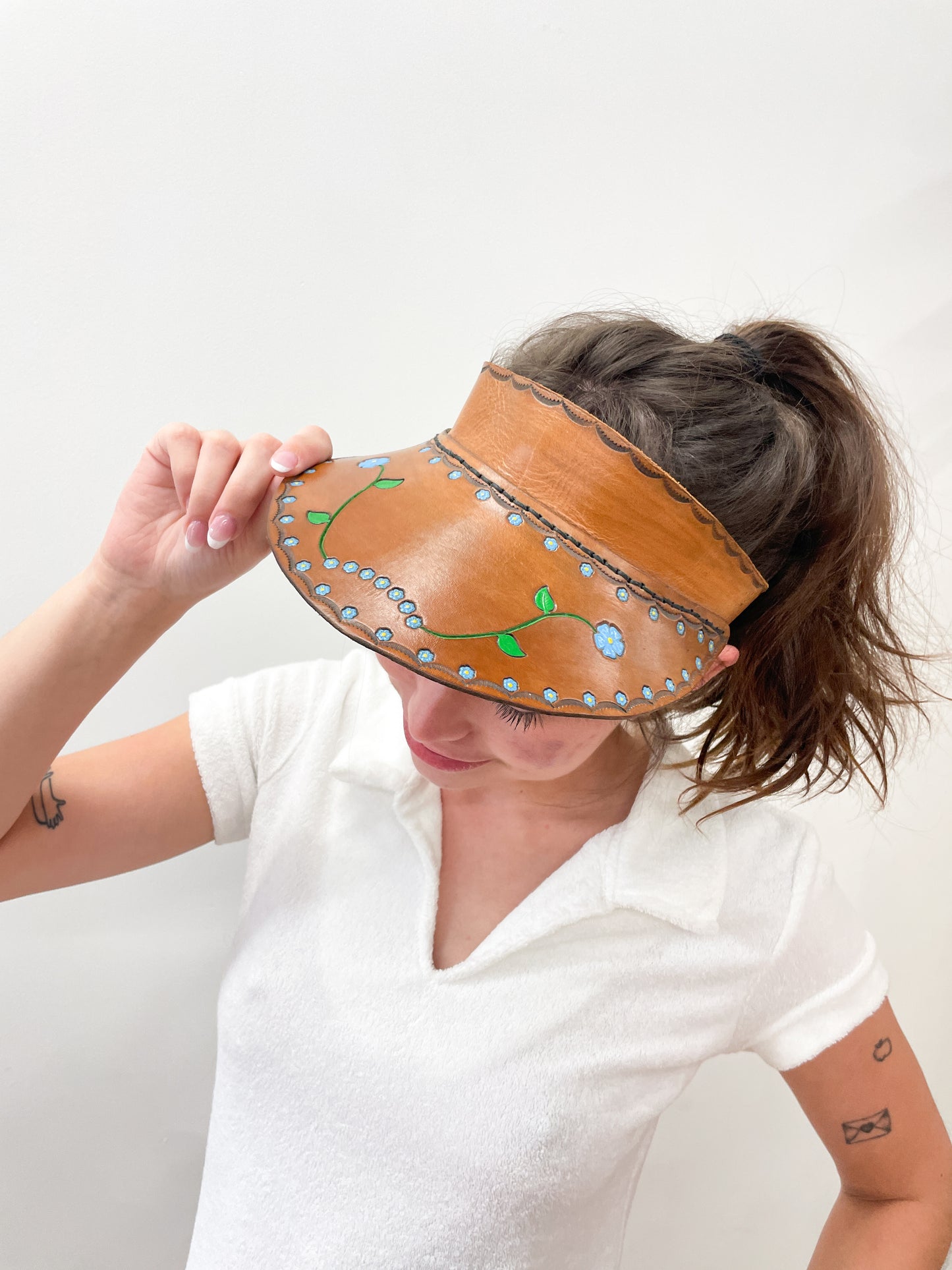 1970s Vintage Tooled Leather Floral Visor