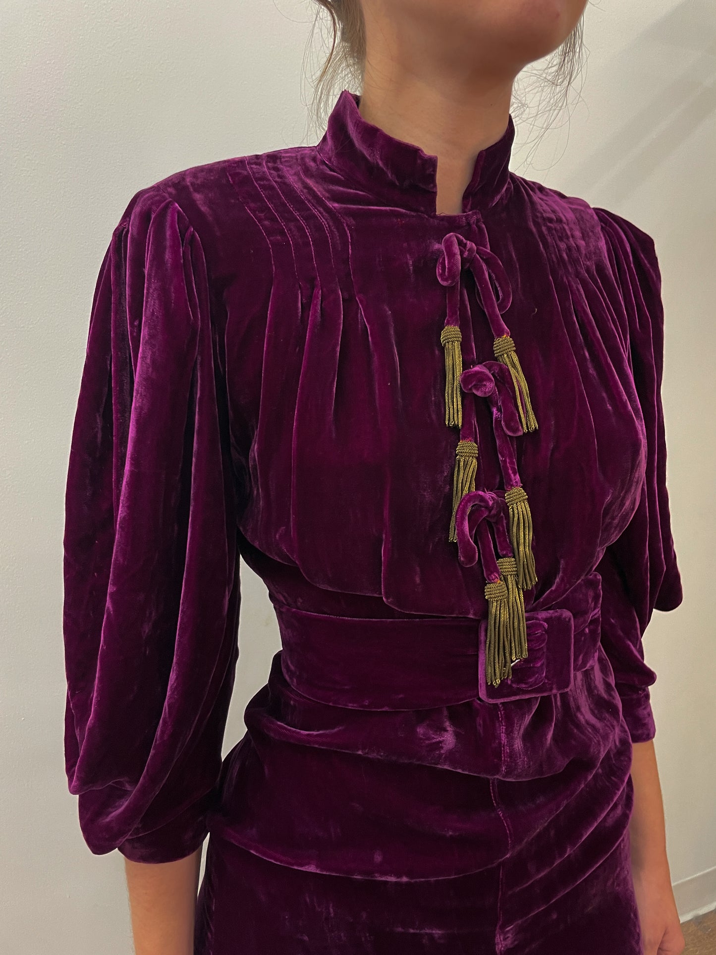 1920s Vintage Plum Silk Velvet Dress with Brass Tassles