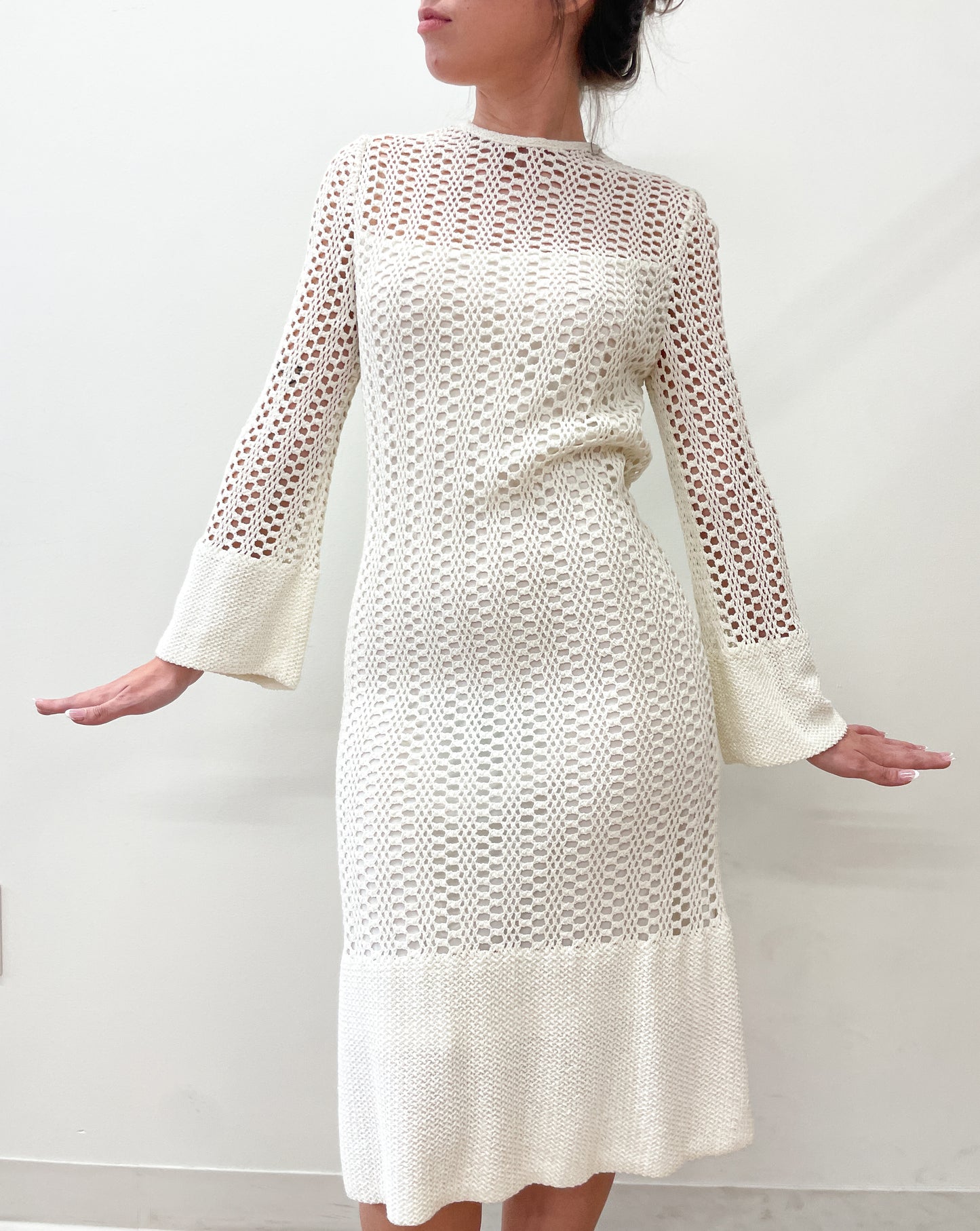 1970's Vintage White Crochet Dress with Bell Sleeves