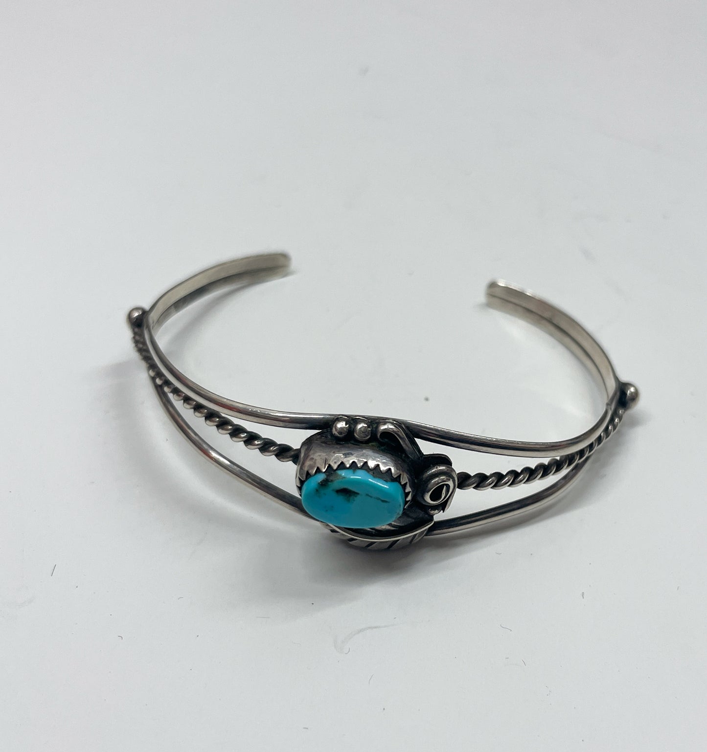1970s Vintage Sterling and Turquoise Natural Stone Feather Cuff Bracelet