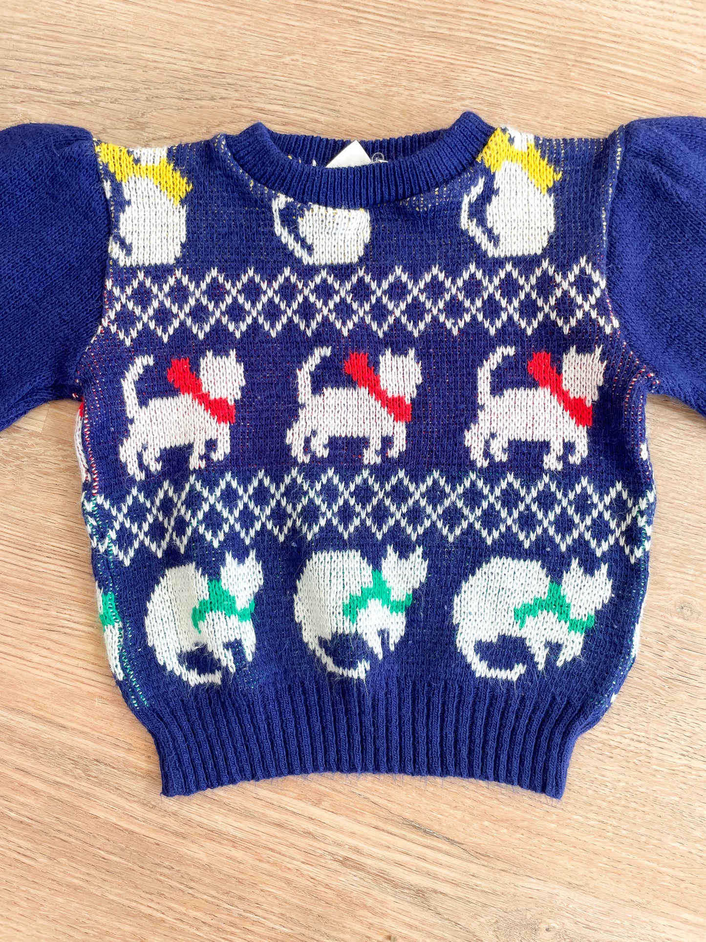 1980s Vintage Kitty Cats with Bows and Scarves Puff Sleeve Toddler Kids Knit Sweater