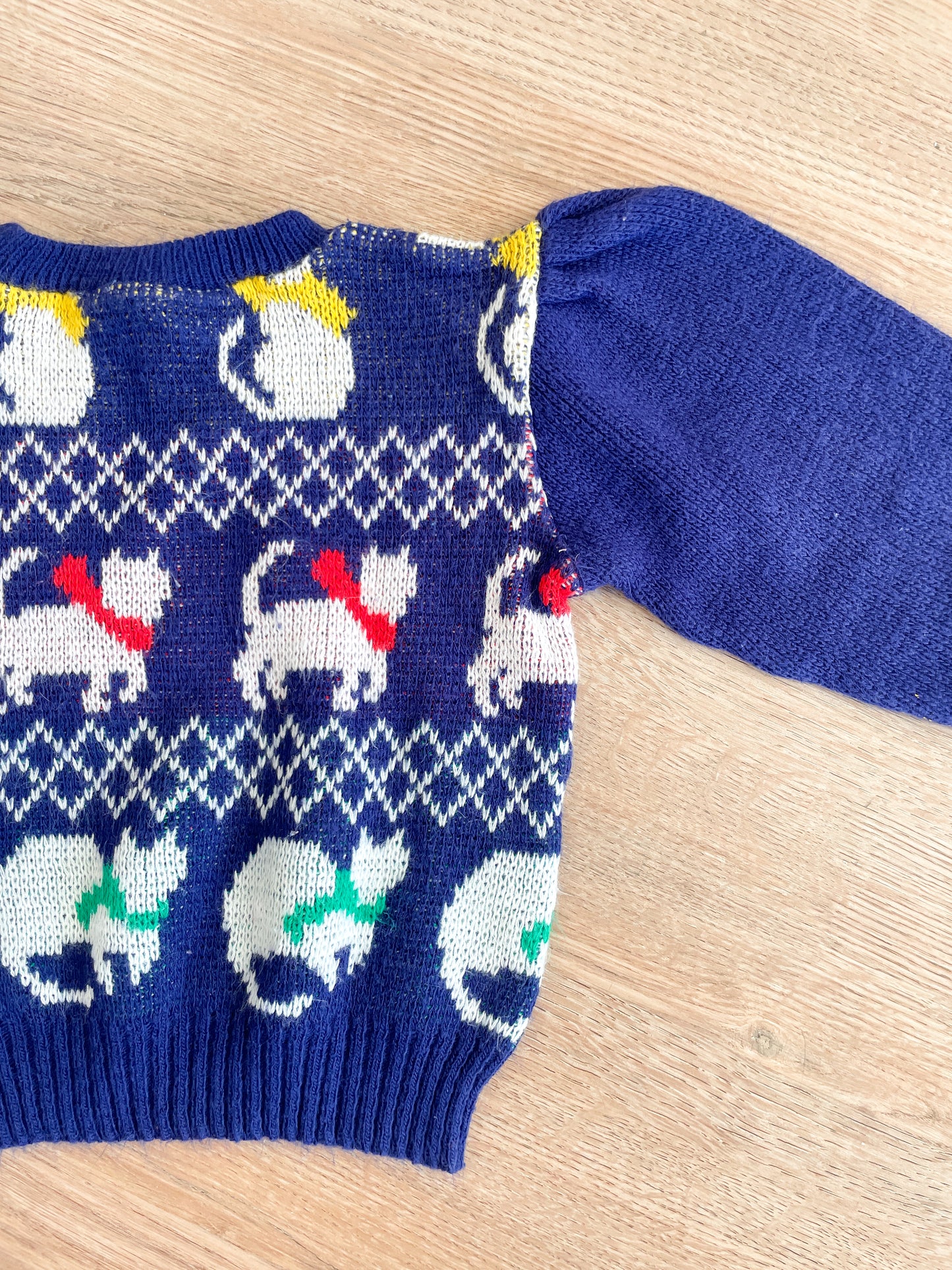 1980s Vintage Kitty Cats with Bows and Scarves Puff Sleeve Toddler Kids Knit Sweater