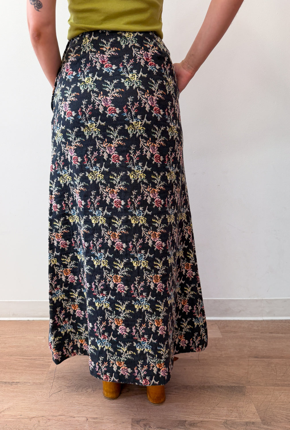1970s Vintage Dark Floral Tapestry Maxi Skirt