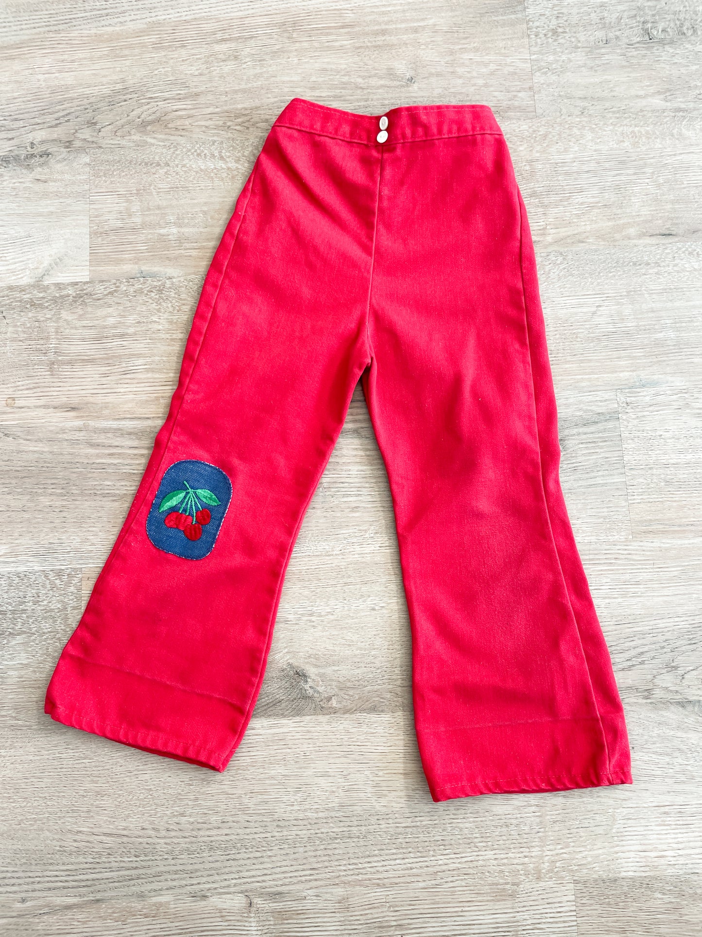 1970s Vintage Red Cherry Knee Patch Kids Bellbottom Pants