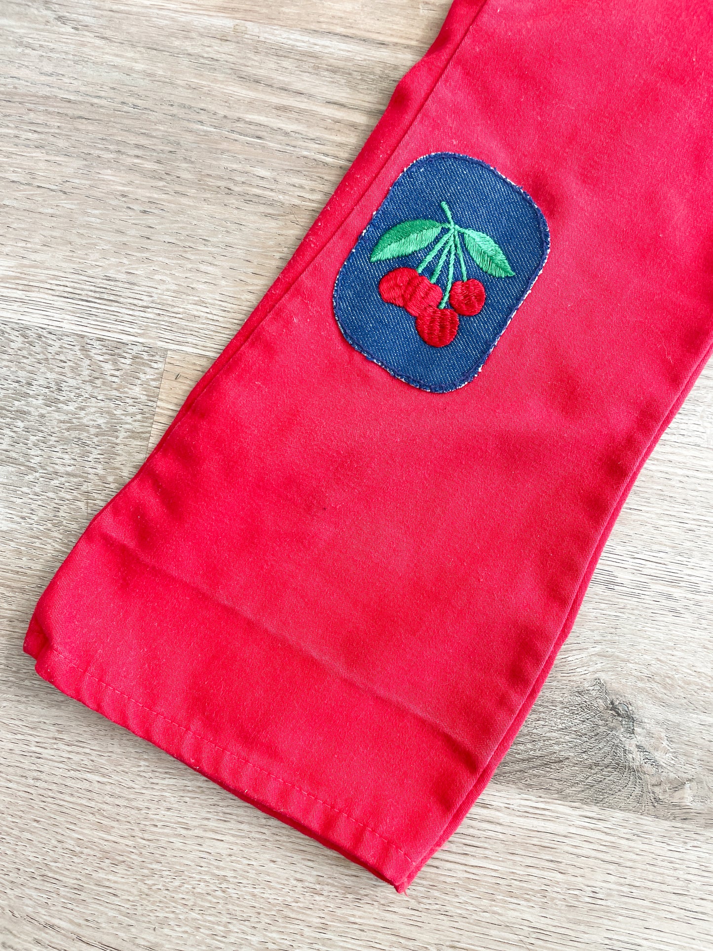 1970s Vintage Red Cherry Knee Patch Kids Bellbottom Pants