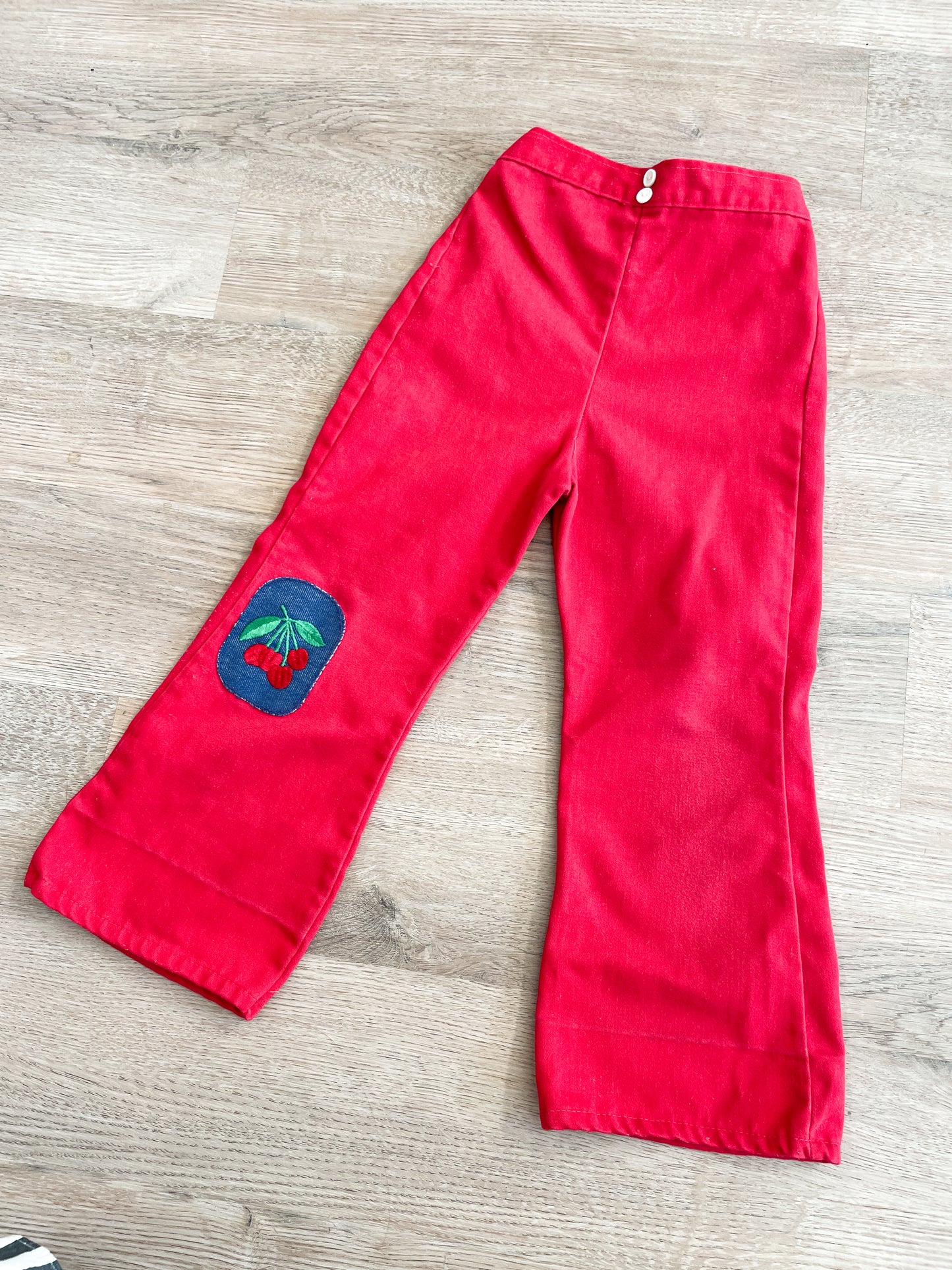 1970s Vintage Red Cherry Knee Patch Kids Bellbottom Pants
