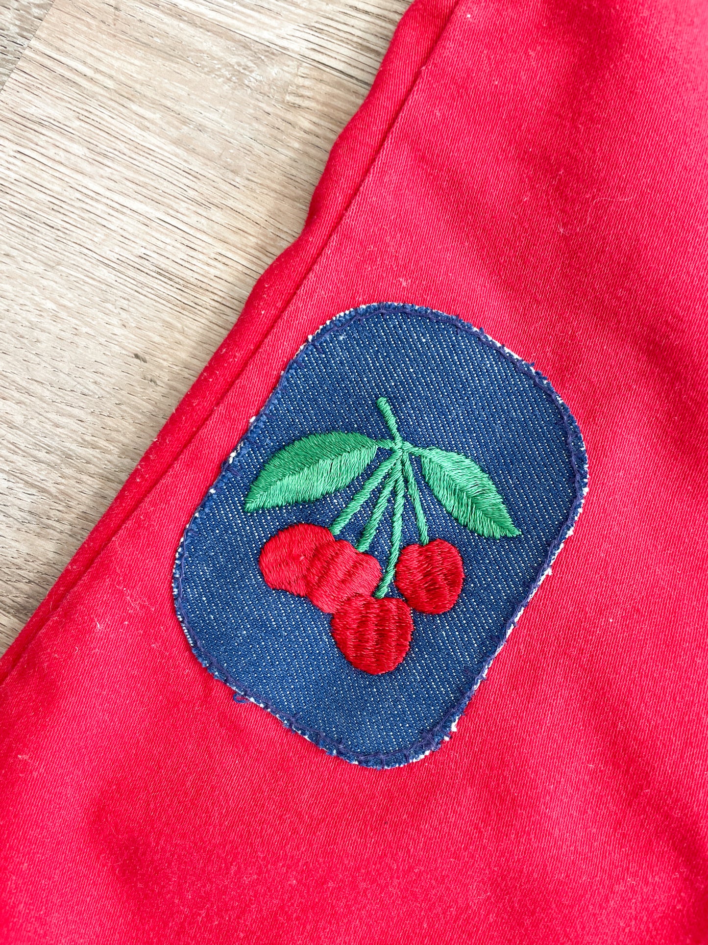 1970s Vintage Red Cherry Knee Patch Kids Bellbottom Pants