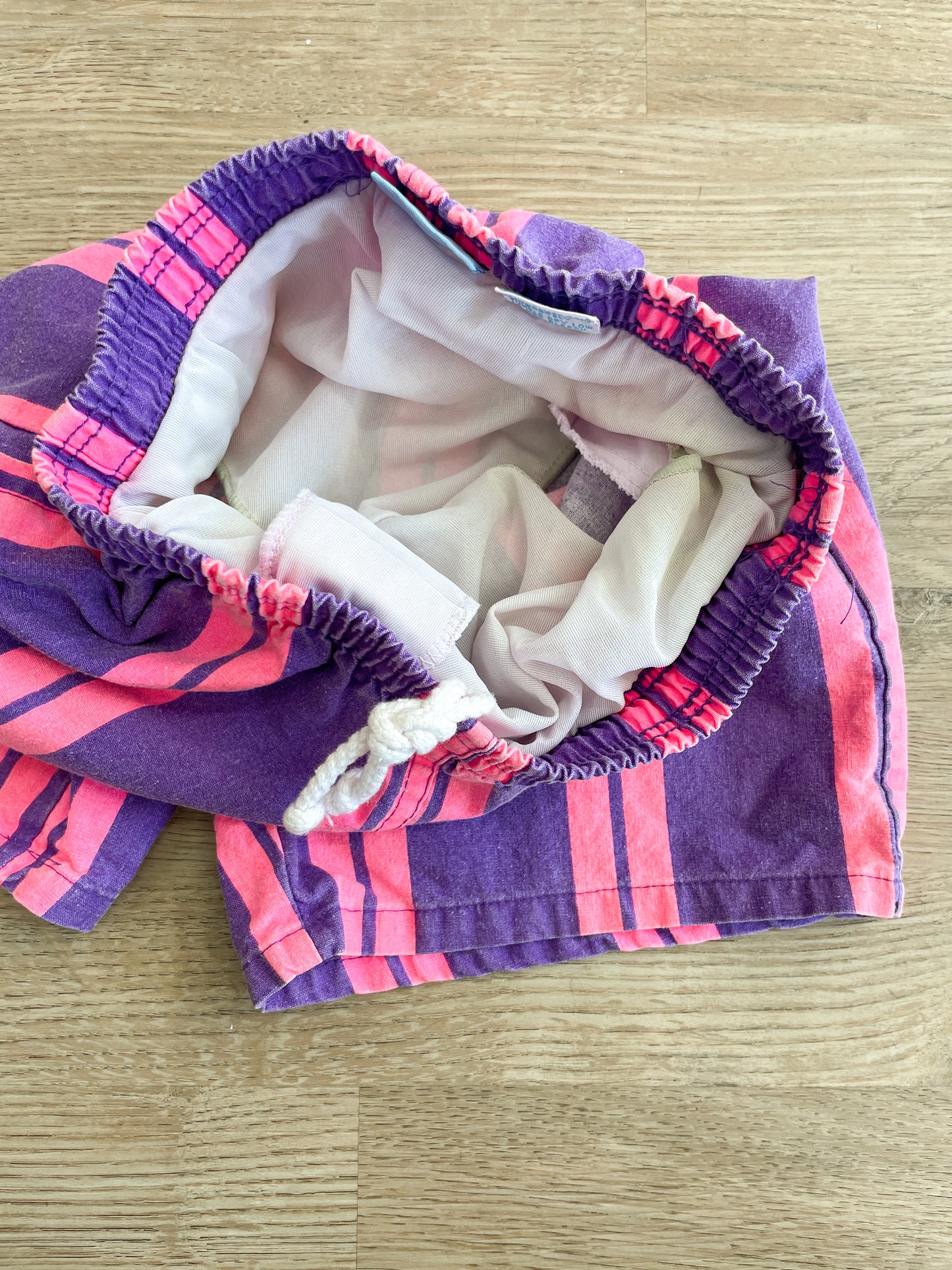 1980s Vintage Castaways Pink Purple Stripe Kids Swim Shorts