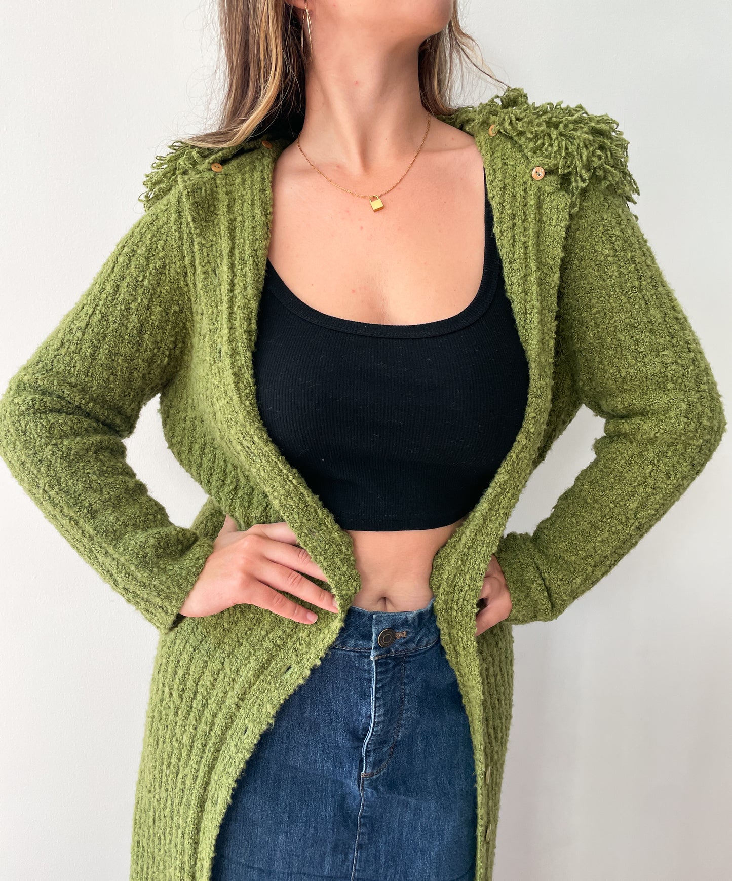 1990s Vintage Shaggy Olive Yarn Loop Funky Maxi Cardigan