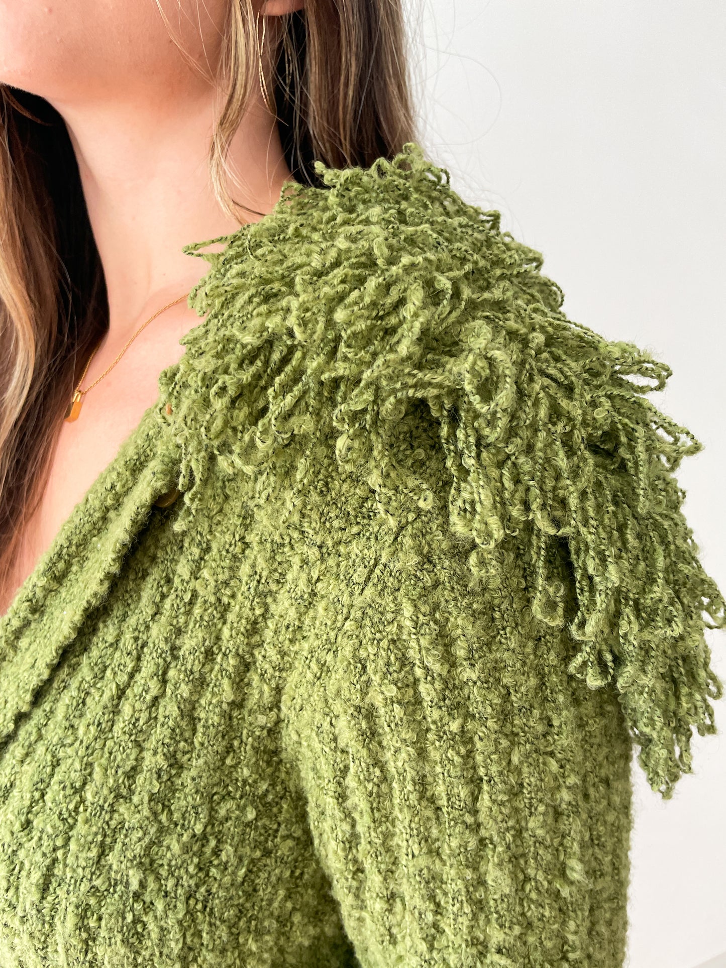 1990s Vintage Shaggy Olive Yarn Loop Funky Maxi Cardigan