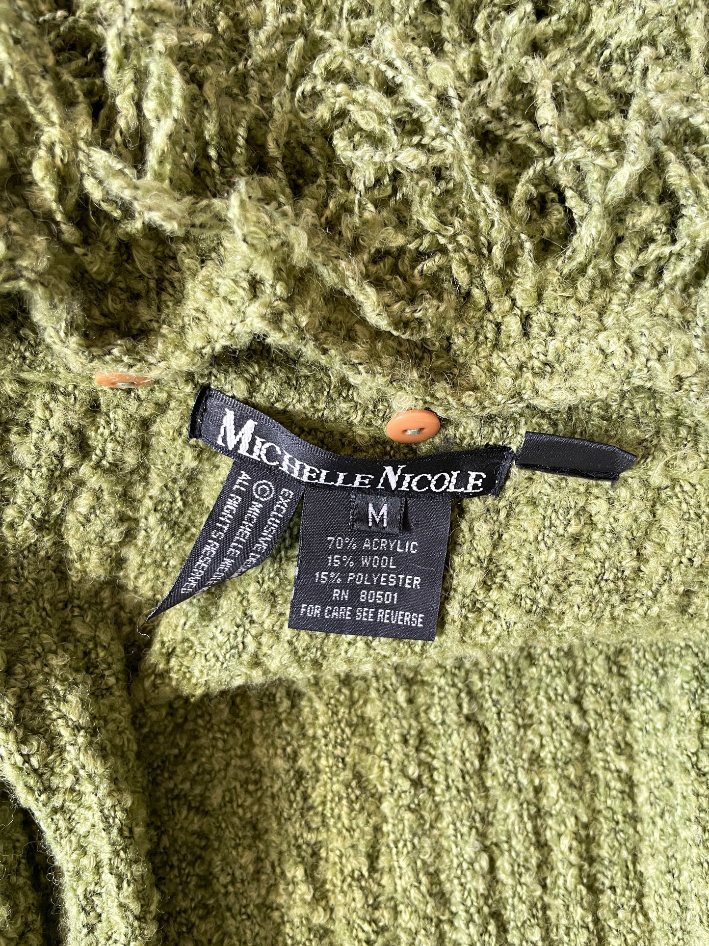 1990s Vintage Shaggy Olive Yarn Loop Funky Maxi Cardigan