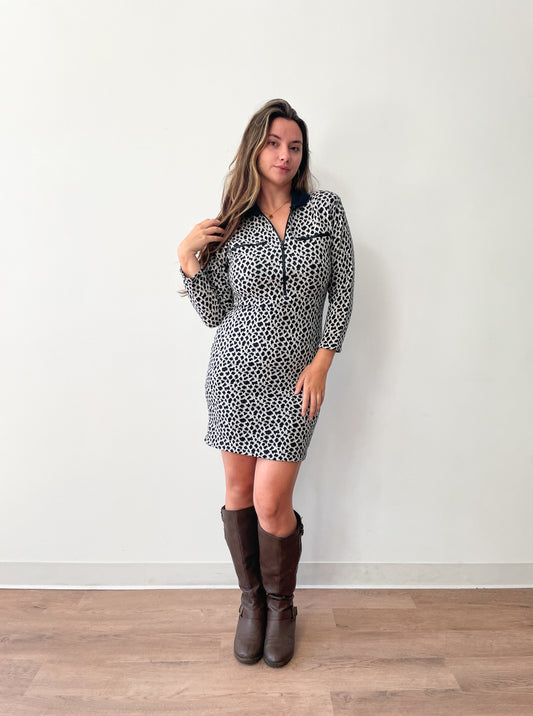 1990s Vintage Black & White Knit Spotted Cat Animal Print Dress w Zippers