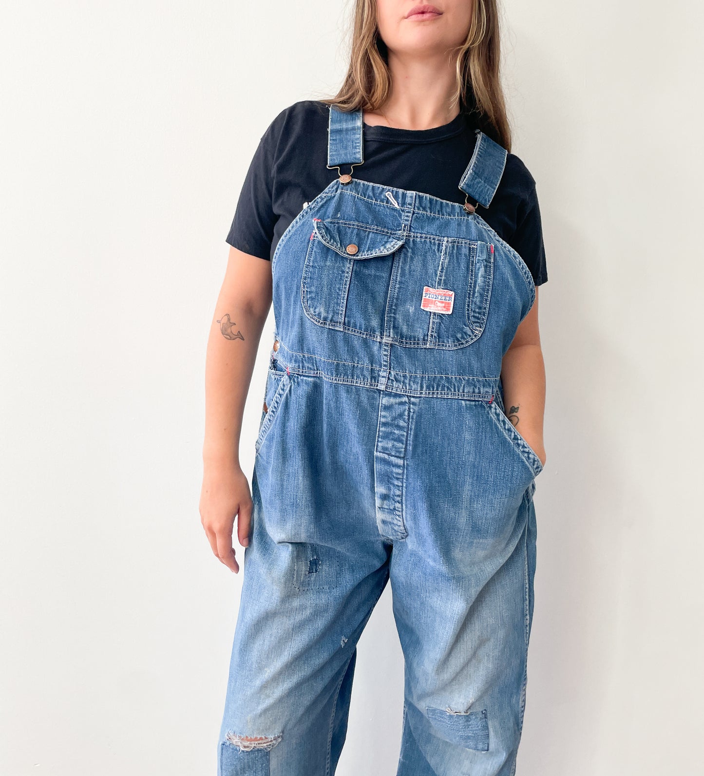 1930s - 1940s Vintage Pioneer Denim Patched Up Thrashed Overalls