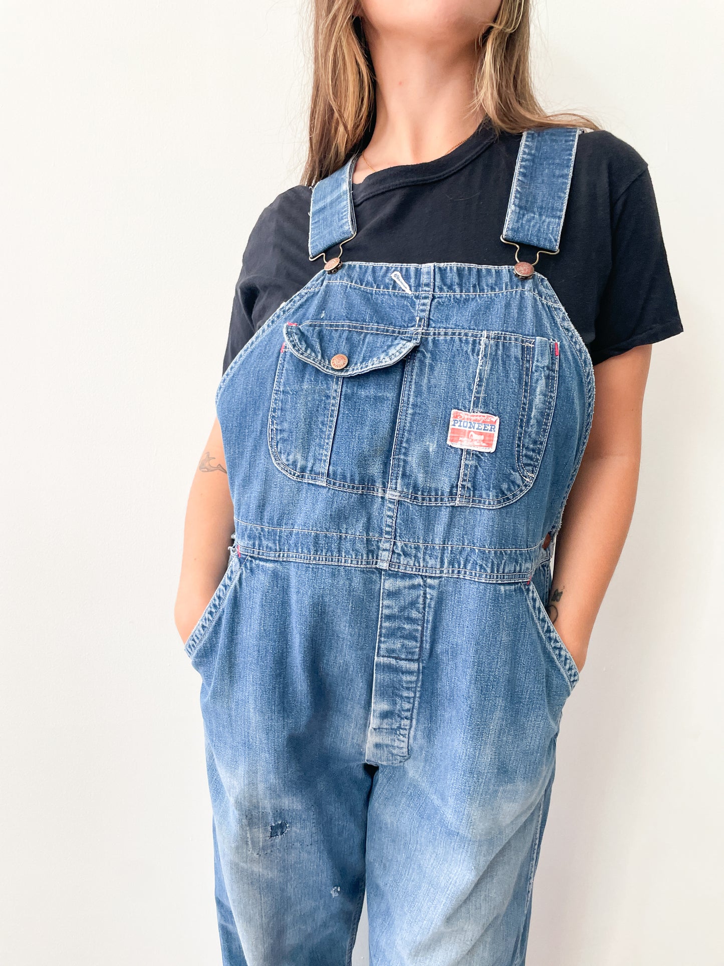 1930s - 1940s Vintage Pioneer Denim Patched Up Thrashed Overalls