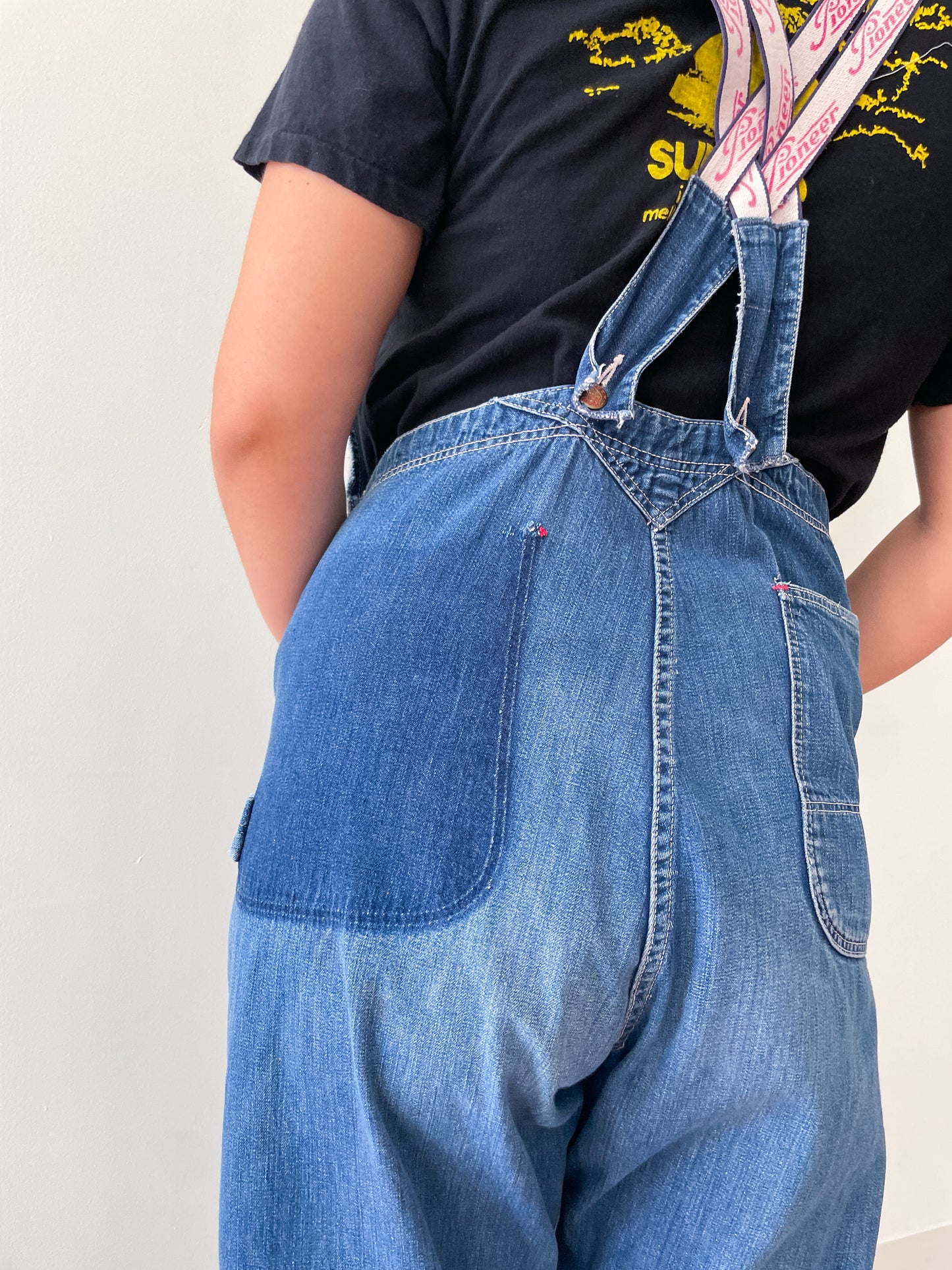 1930s - 1940s Vintage Pioneer Denim Patched Up Thrashed Overalls
