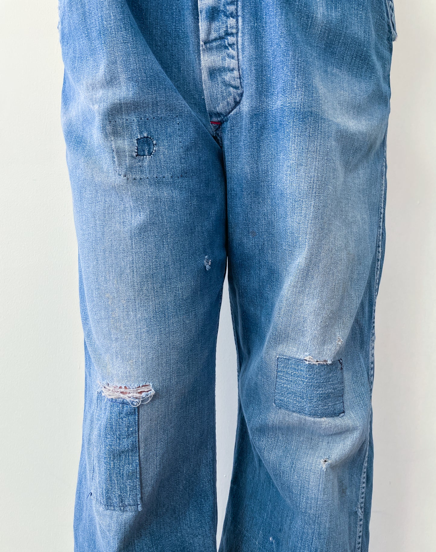 1930s - 1940s Vintage Pioneer Denim Patched Up Thrashed Overalls