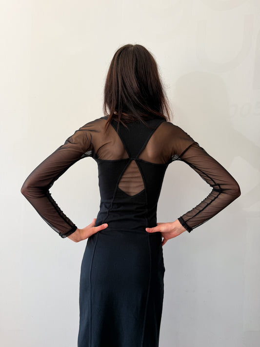 1990s Vintage Black Mesh Cut Out Body-con Maxi Dress
