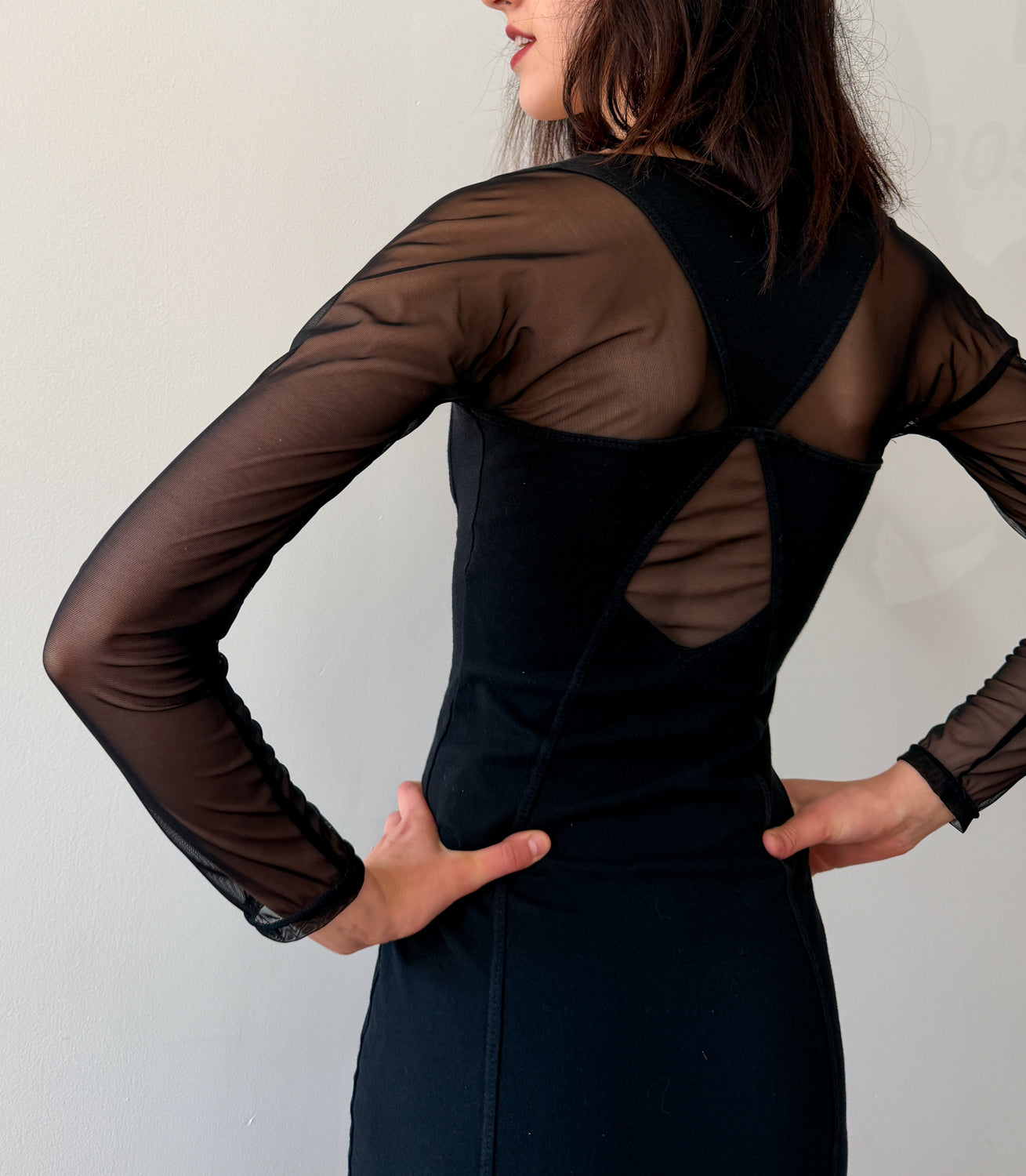 1990s Vintage Black Mesh Cut Out Body-con Maxi Dress