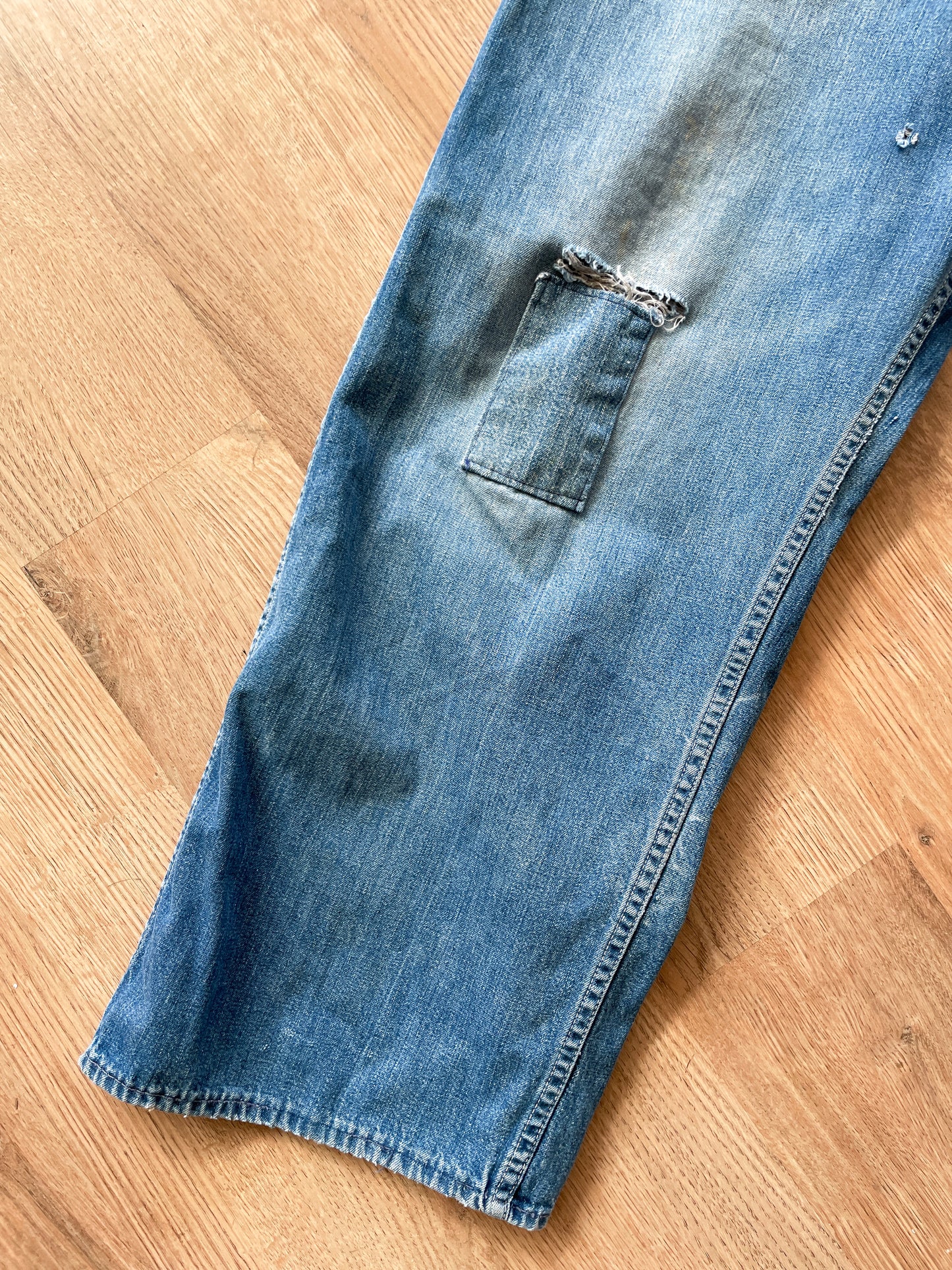 1930s - 1940s Vintage Pioneer Denim Patched Up Thrashed Overalls