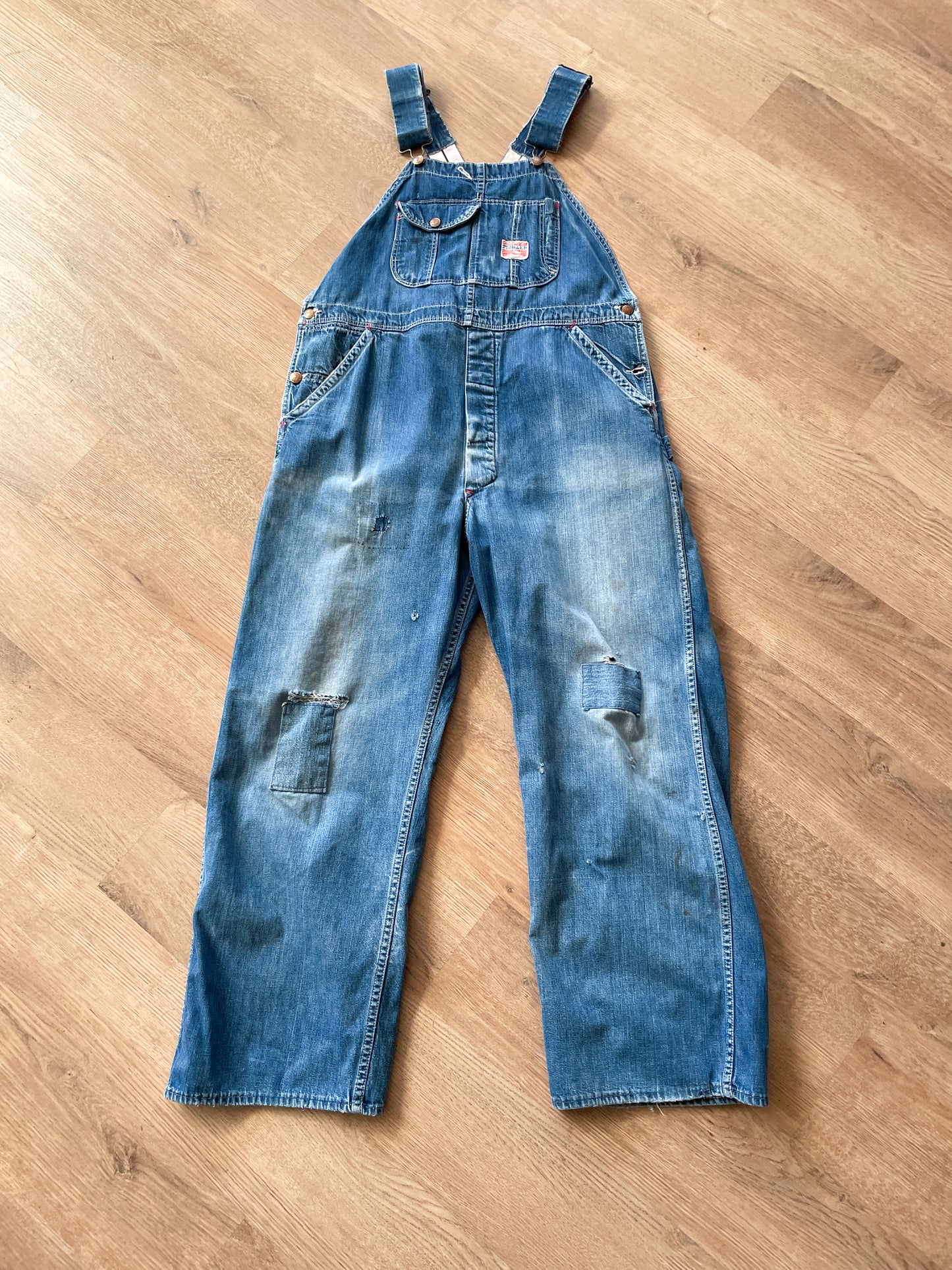 1930s - 1940s Vintage Pioneer Denim Patched Up Thrashed Overalls