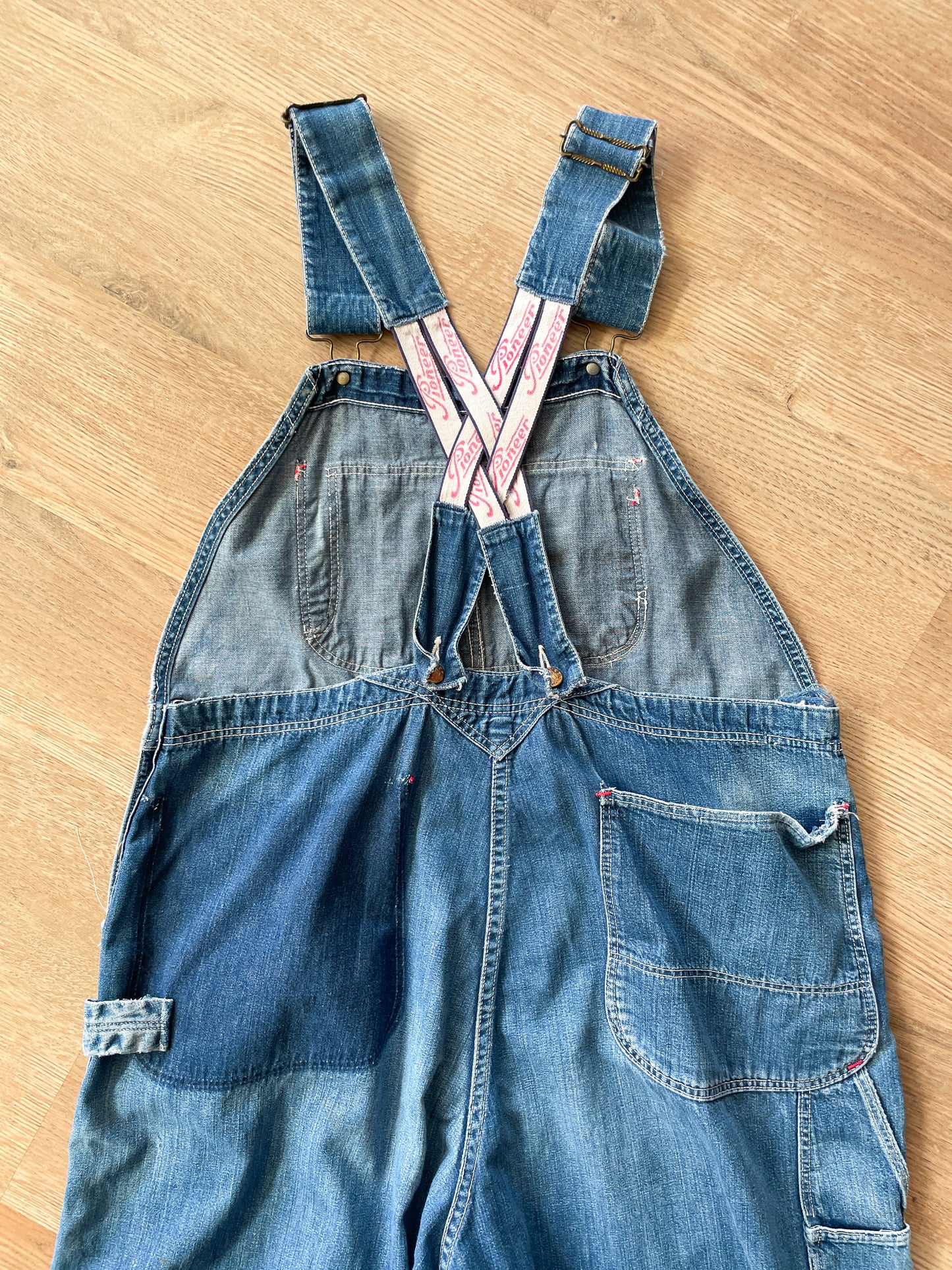 1930s - 1940s Vintage Pioneer Denim Patched Up Thrashed Overalls
