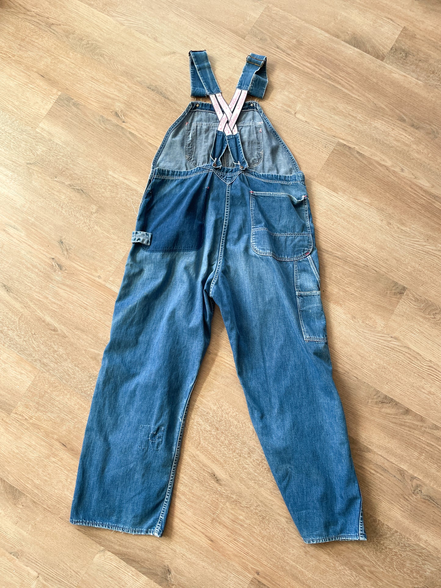 1930s - 1940s Vintage Pioneer Denim Patched Up Thrashed Overalls