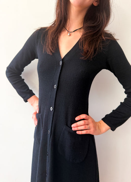 1970s Vintage Clovis Ruffin "Ruffinknit" Black Wool Blend Button Down Dress