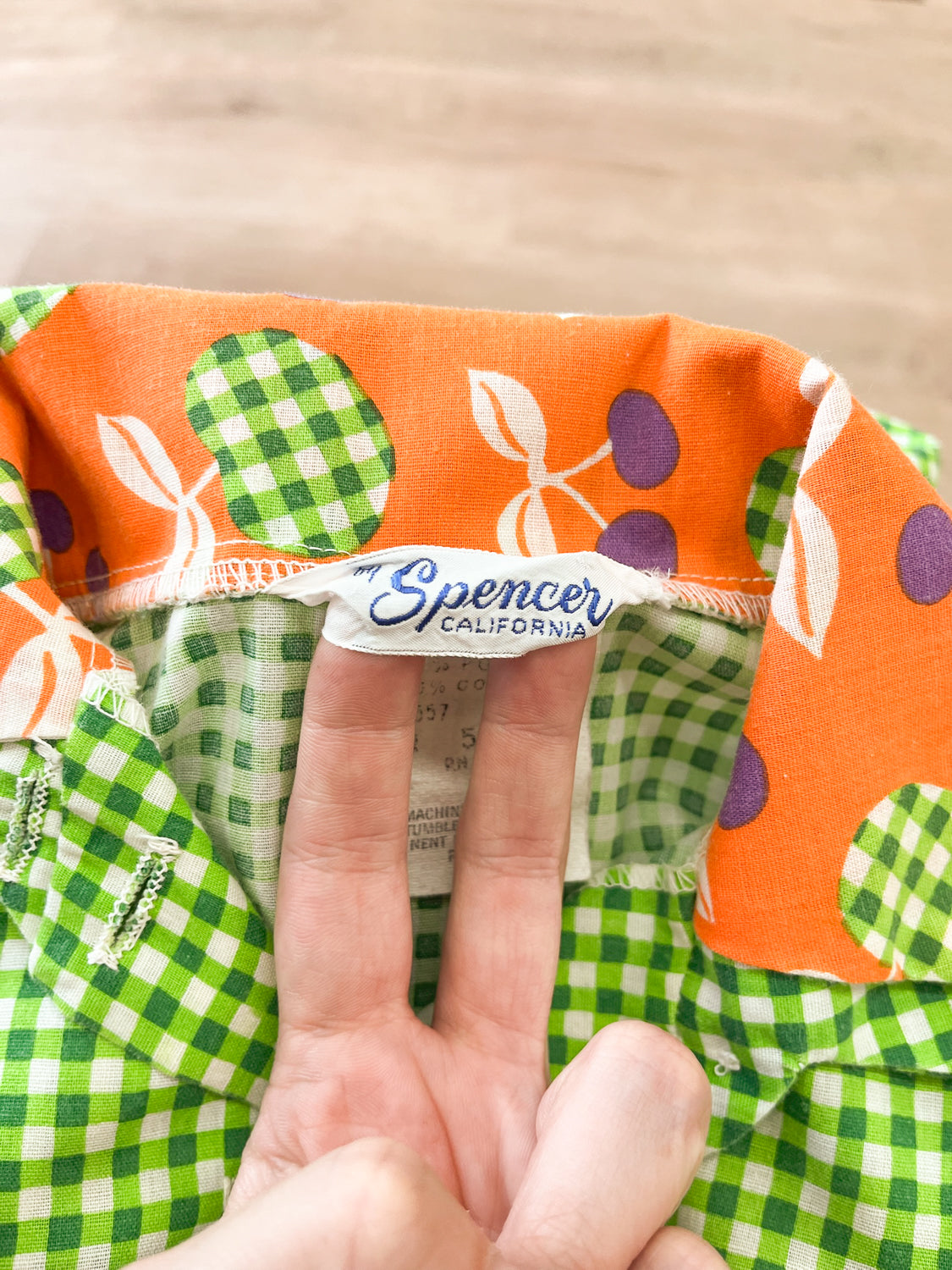 1970s Vintage Green Gingham Mini Dress with Fruit Print Trim Kids Toddler