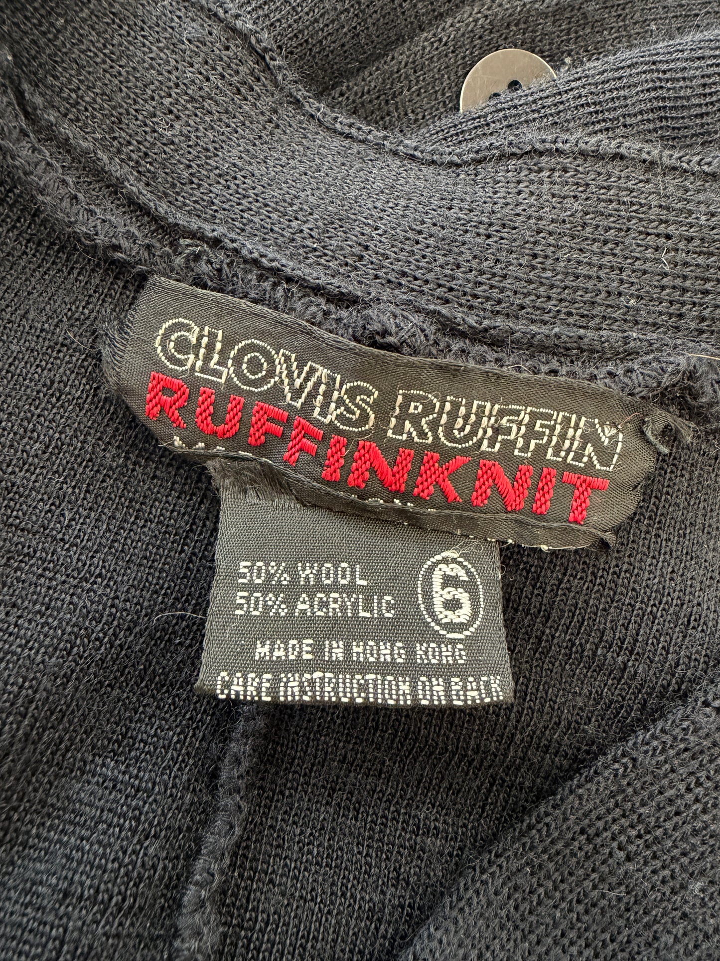 1970s Vintage Clovis Ruffin "Ruffinknit" Black Wool Blend Button Down Dress