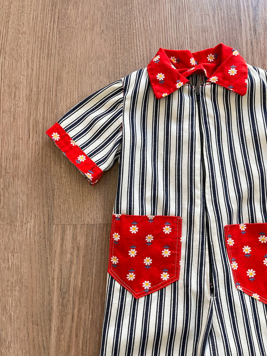 1970s Vintage Toddler Kids Pinstriped Daisy Denim Jumpsuit