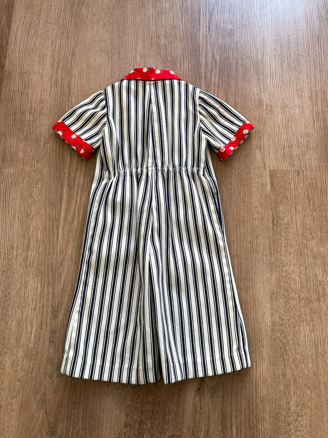 1970s Vintage Toddler Kids Pinstriped Daisy Denim Jumpsuit