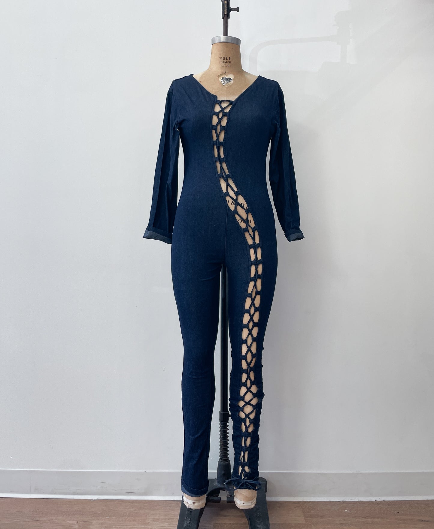 2000s Y2K Sexy Stretchy Lace Up Dark Denim Jumpsuit